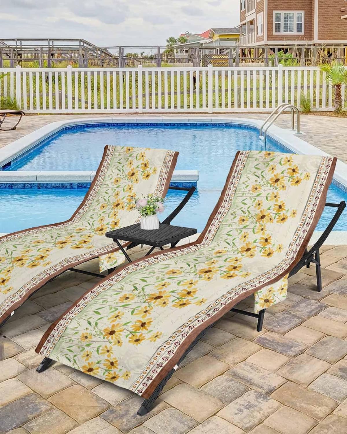 Southwest Daisy Beach Pool Patio Lounge Chaise Chair Cover Towel With Pockets,Absorbent & Quick Dry Microfiber Towel Cover Bag Summer Accessories for Sunbathing Boho Yellow Flower Vintage Brown Wooden