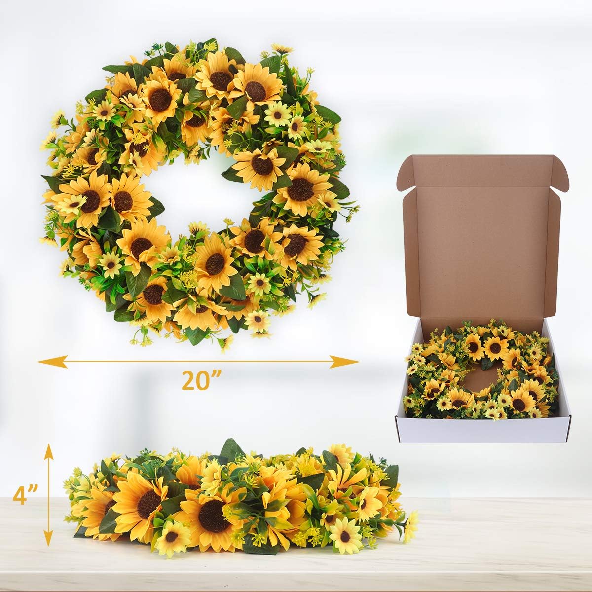 BOMAROLAN Artificial Sunflower Wreath 20 Inch Summer Fall Large Wreaths Springtime All Year Around Flower Green Leaves for Outdoor Front Door Indoor Wall Or Window Décor