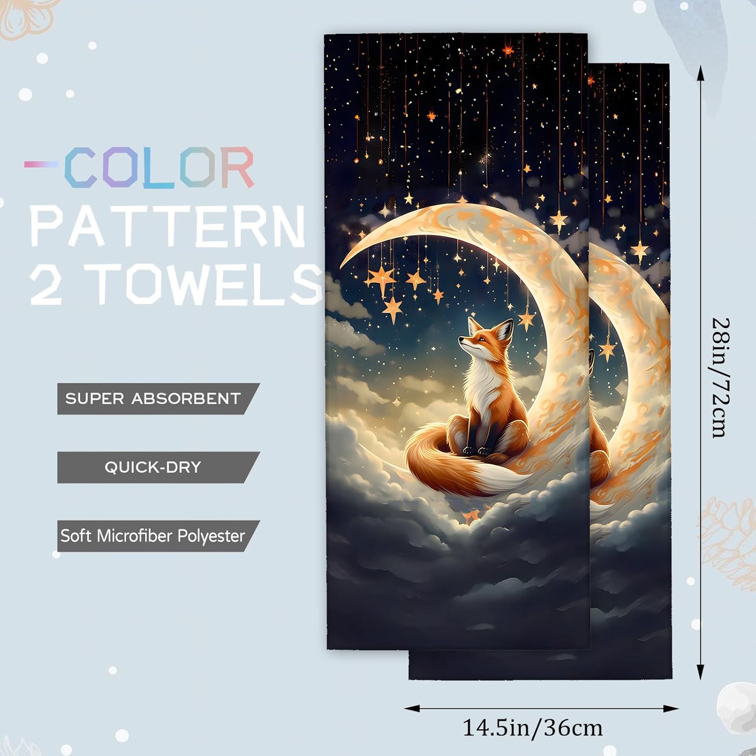Dreamy Fox Hand Towels Set 2PCS, 14.5x28 Inch, Whimsical Night Sky with Moon and Star Design, Fantasy Animal Polyester Towel for Adults, Bathroom, Kitchen, Spa, Hotel Decorative Gifts - Image 2