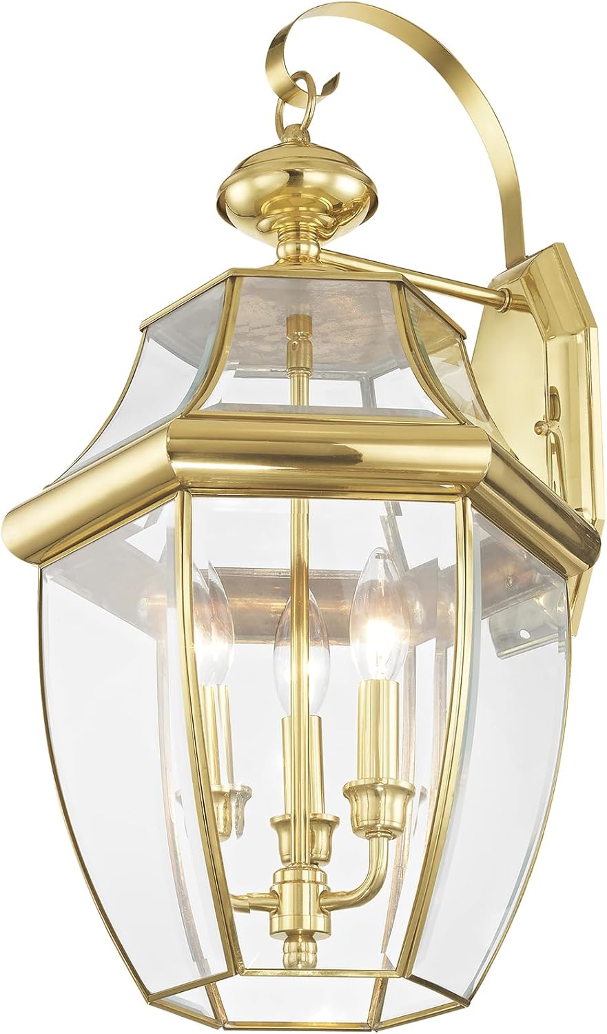 Livex Lighting 2351-02 Monterey 3 Light Outdoor Polished Brass Finish Solid Brass Wall Lantern with Clear Beveled Glass, 22.5" x 12.5" x 11.75"