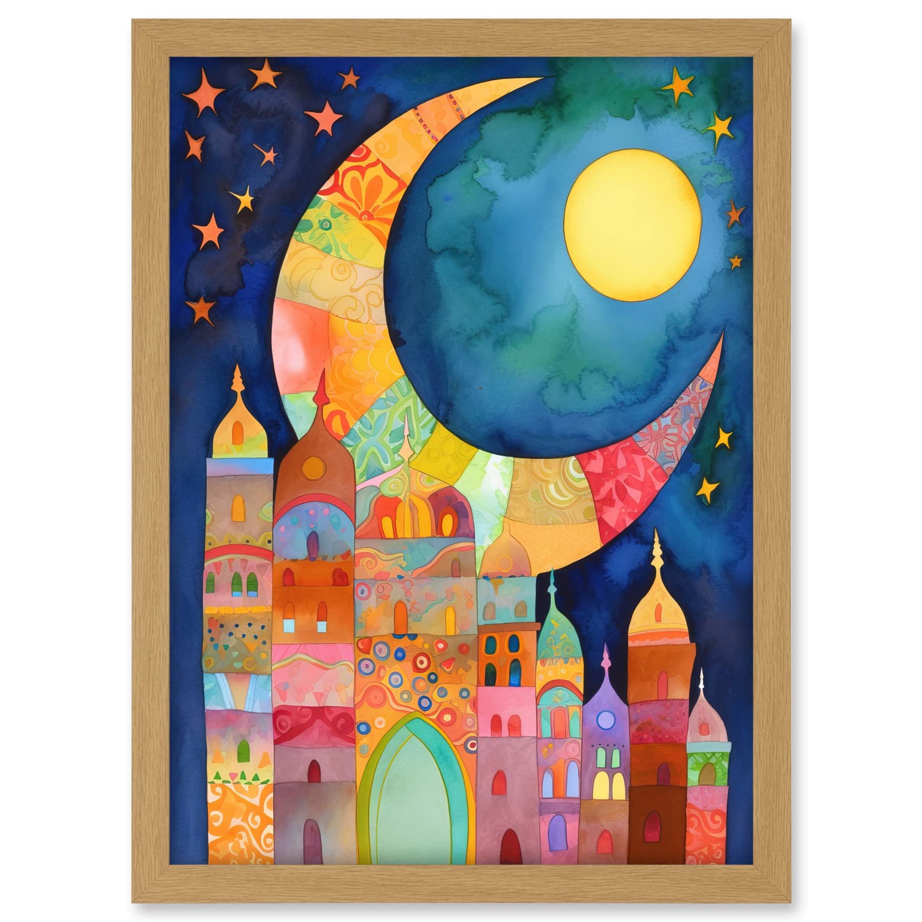 Artery8 Eid Crescent Moon Cityscape Folk Art Watercolour Painting Artwork Framed A3 Wall Art Print