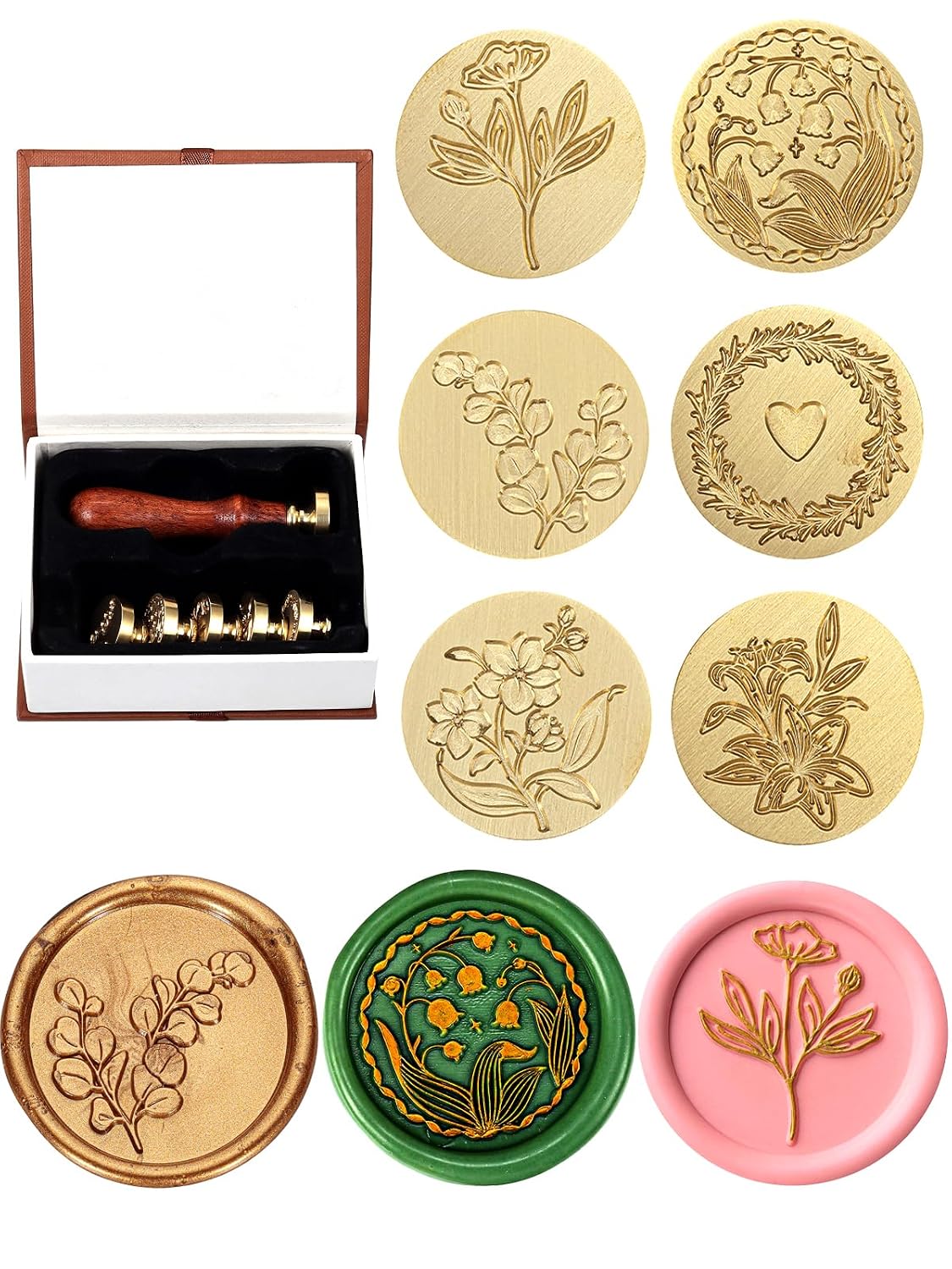 Yoption Botanical Wax Seal Stamp Set, 6 Heads with Wooden Handle