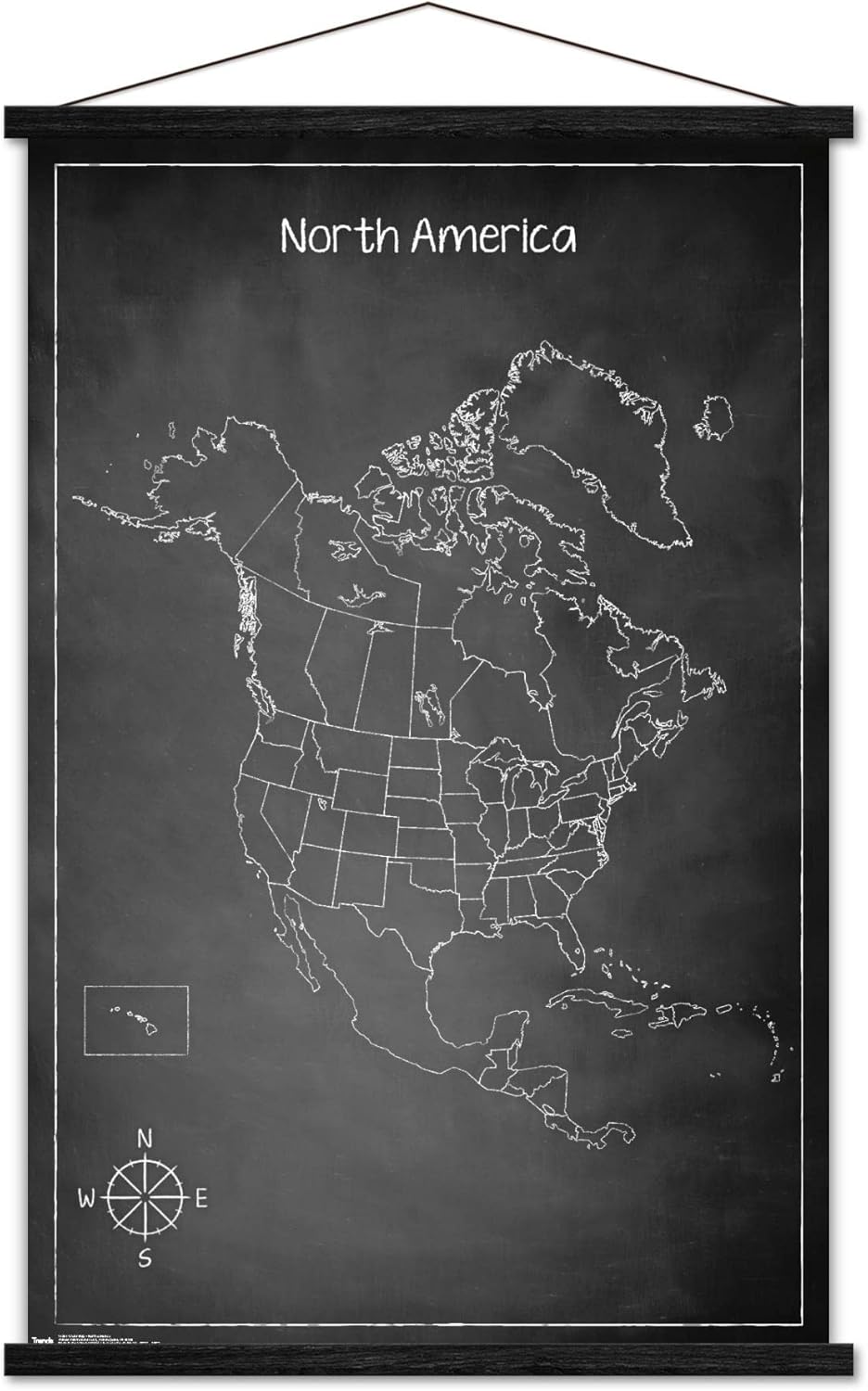Trends International Chalk Map - North America Wall Poster with Magnetic Frame, 34L x 22.4W, Print and Black Hanger Bundle