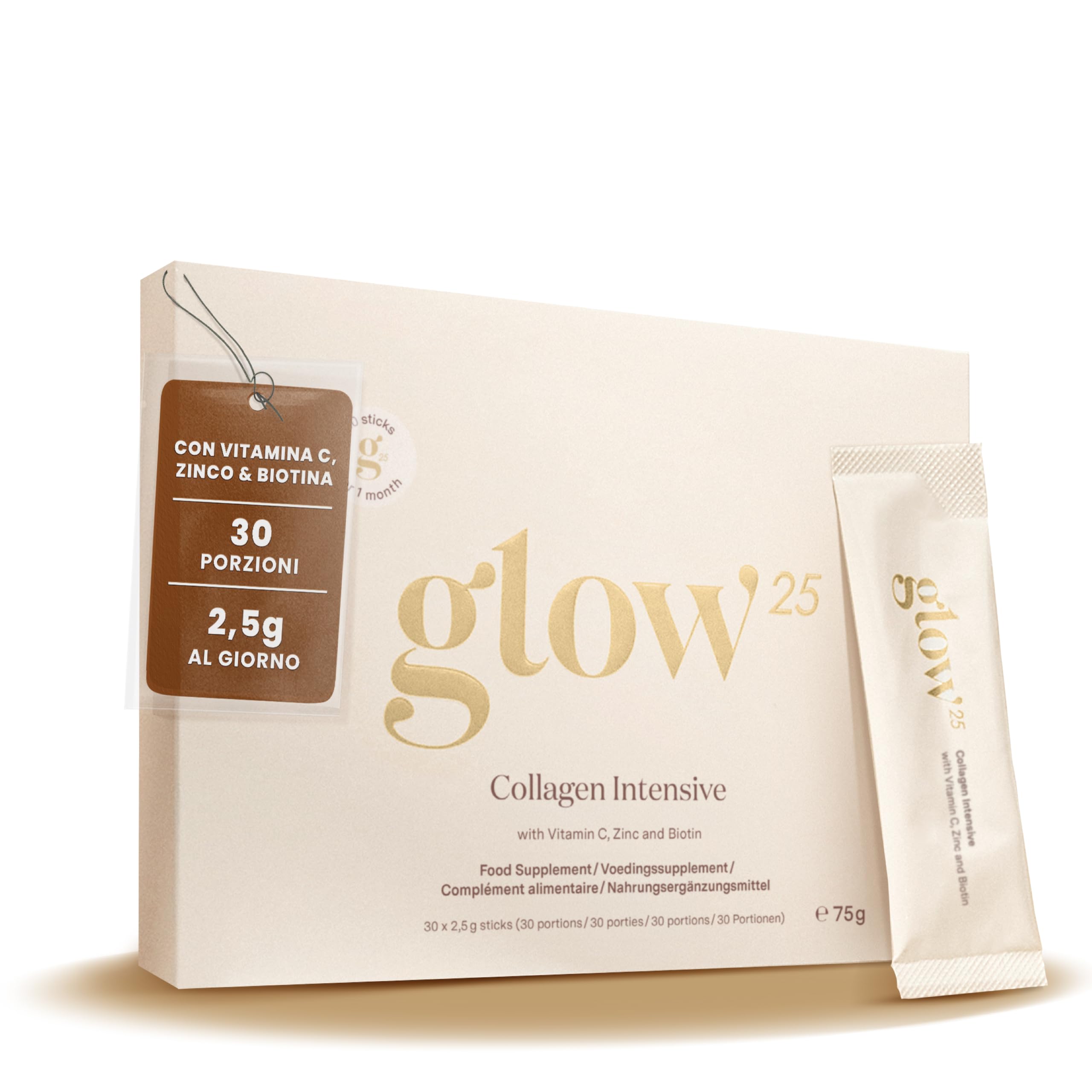 Glow25® Collagen Intensive – Tripeptidi, vitamina C, zinco, biotina | Collagene marino idrolizzato premium con tripeptidi, vitamina C, zinco, biotina – Peptidi di tipo I e III