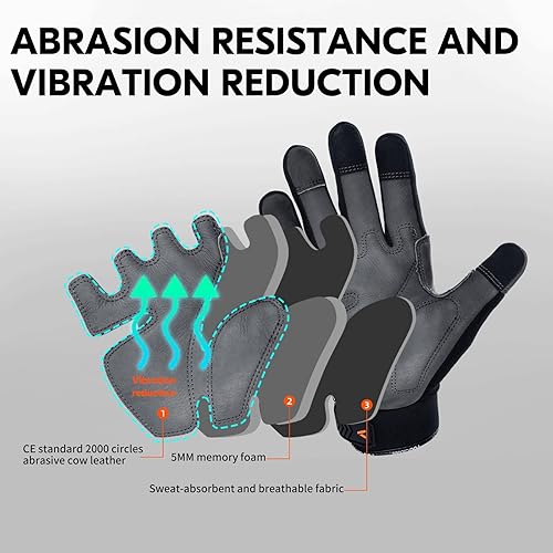 Miniatura 7 de Vgo... 1 par de guantes de trabajo de seguridad antivibraciones, guantes de mecánicos, guantes de trabajo de cuero multiusos (talla L, negro y gris,