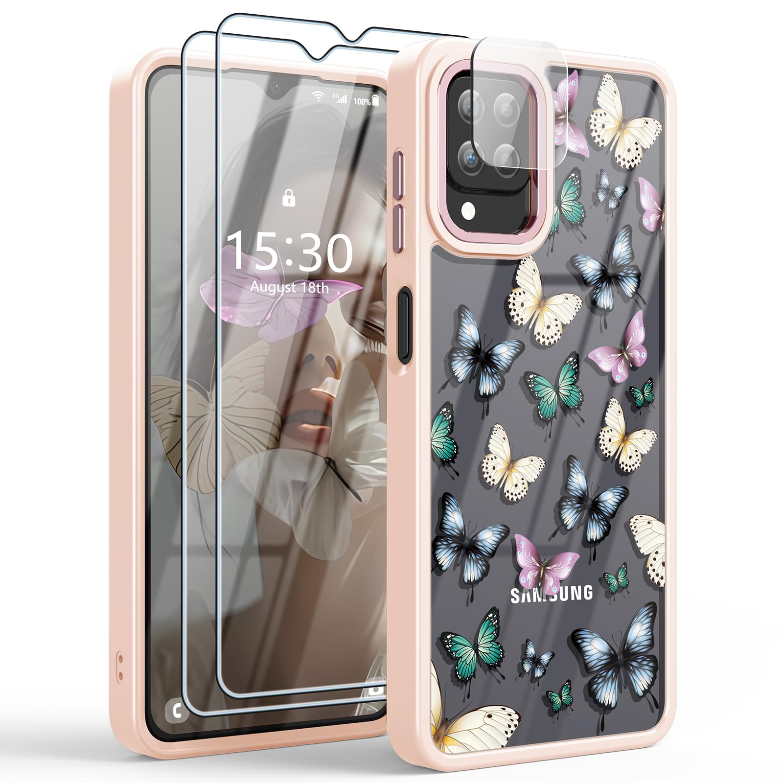 CASBST for Samsung Galaxy A12 Case with 2X Screen Protector and A Camera Lens Protector, Butterfly Pattern Shockproof Soft TPU & Hard PC Women Girls
