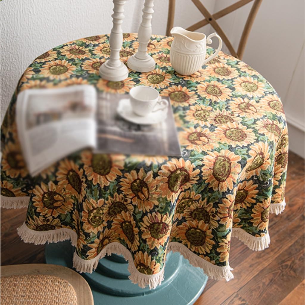 ARINAL Tela De Mesa Suave Mantel Redondo Retro, Mantel de Girasol, Mantel de Lino y algodón con borlas, Mueble de TV, Mantel de Mesa de café Cubierta De Mesa De Tela (Color : A, Size : 150x150cm)