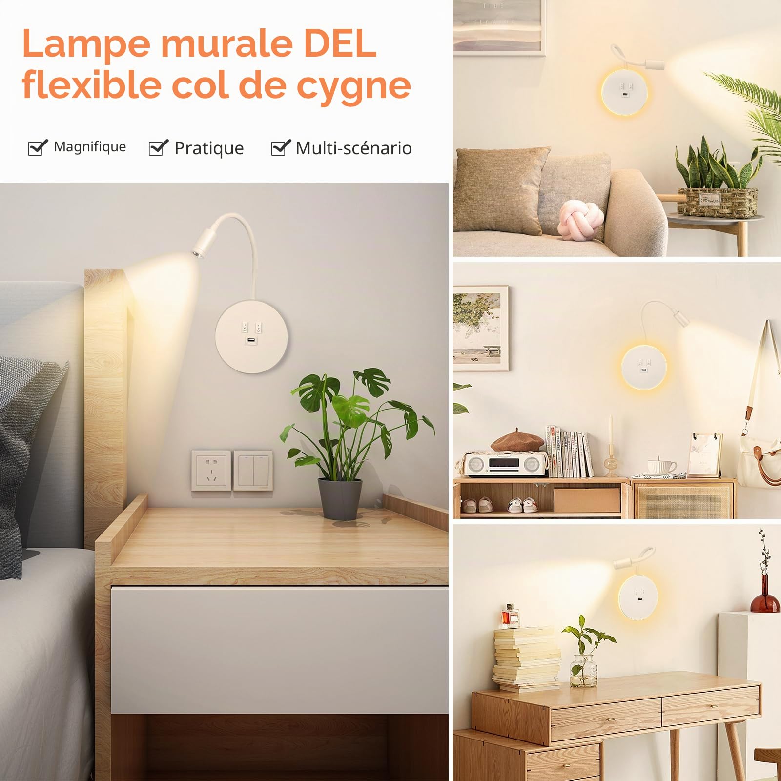 2PCS Applique Murale Interieur LED, Lampe de Lecture avec interrupteur, Liseuses Murales de Chevet Réglable avec Port de Charge USB, 3000K Lecture de Chevet Applique Murale pour Chambre Salon (Blanc)