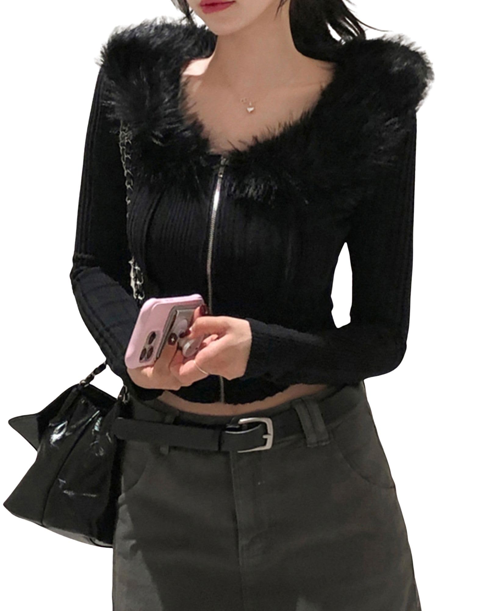 CORIRESHA Womens Y2K Knit Long Sleeved Sweater Slim Fit Zip-Up Cardigan Detachable Fur Collar Suitable for Outdoor Wear