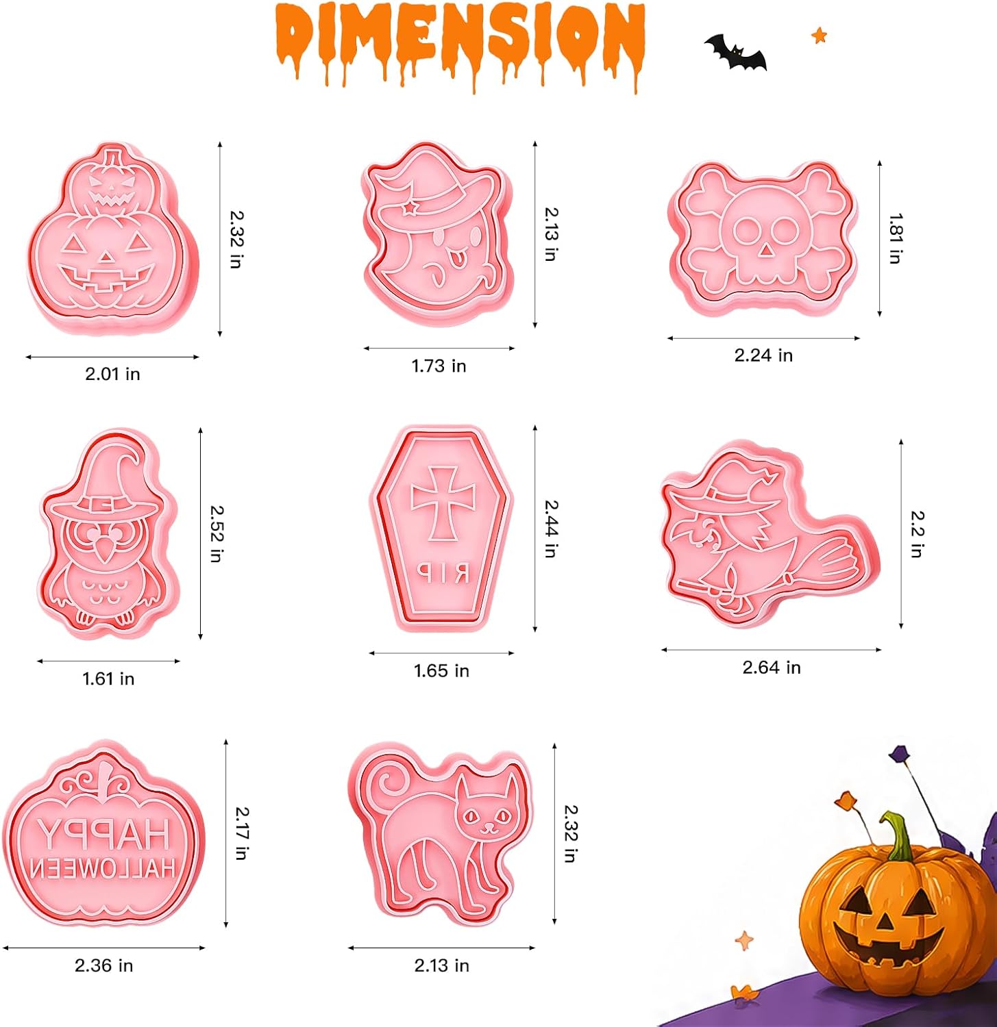 8pcs Halloween Cookie Cutters and Stamps Set, Plastic Cartoon Biscuit Molds, Cute Small Clay Playdough Cutters for Kids Party — Happy Halloween Pumpkin, Ghost, Coffin, Cat, Skull, Owl, Witch, Pink