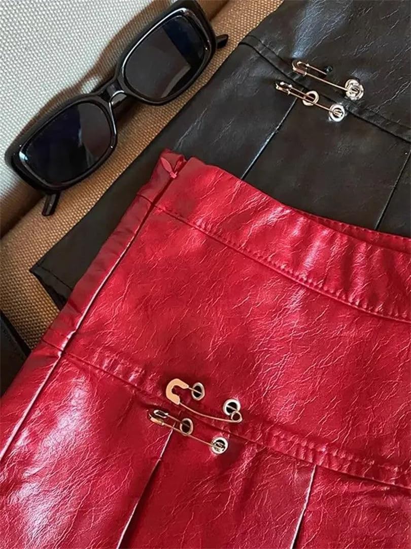 Kelsiop Minifalda plisada de piel sintética para mujer, color rojo y negro, cintura alta, estilo retro, gótico, punk