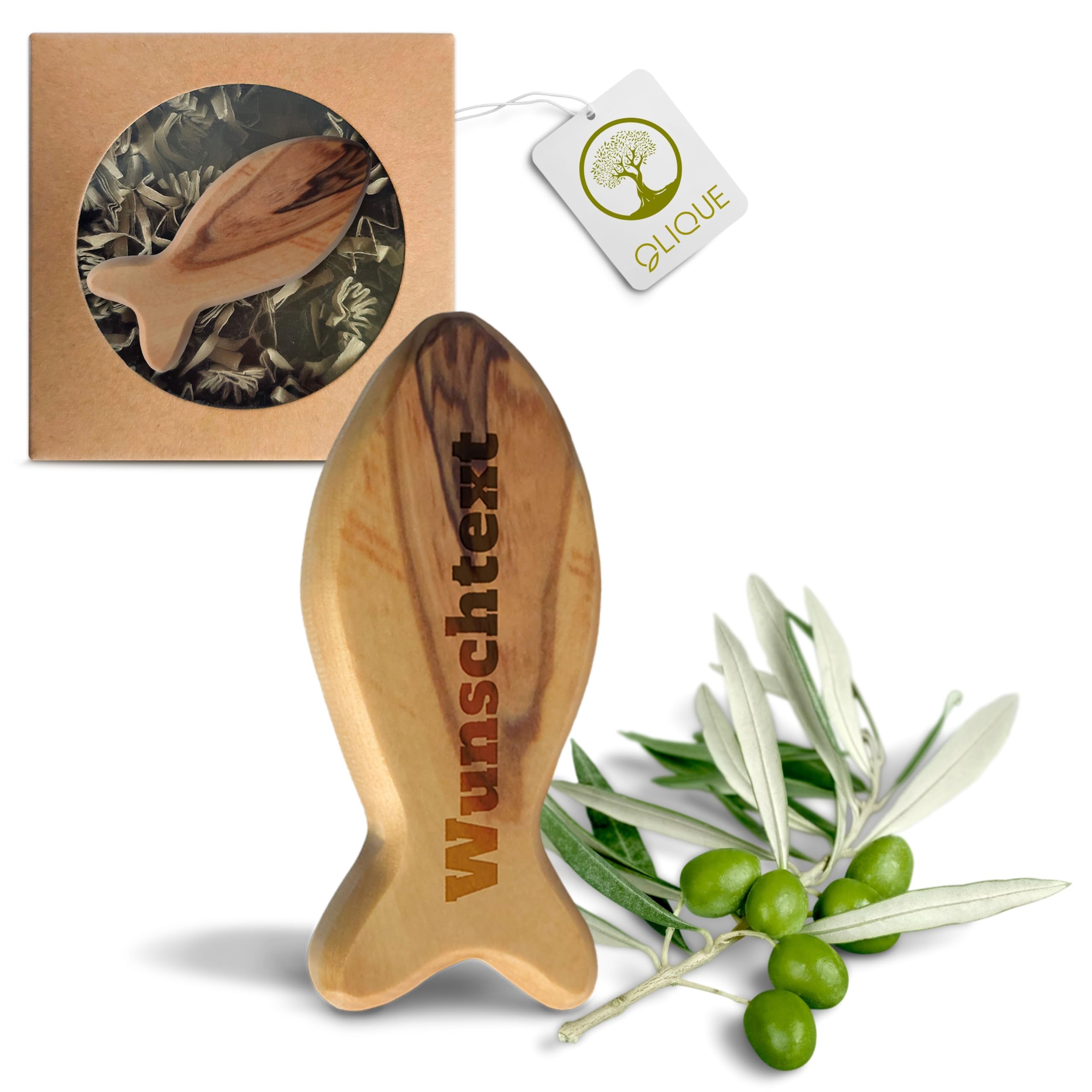 Fisch aus Olivenholz - Handgemachter Handschmeichler als Geschenk zur Geburt, Taufe Kommunion und zur Firmung (Mit Gravur)