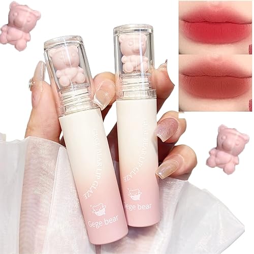 2 unidades de esmalte labial líquido mate de oso rosa, lindo oso aterciopelado, brillo de labios hidratante, resistente al agua, de larga duración,