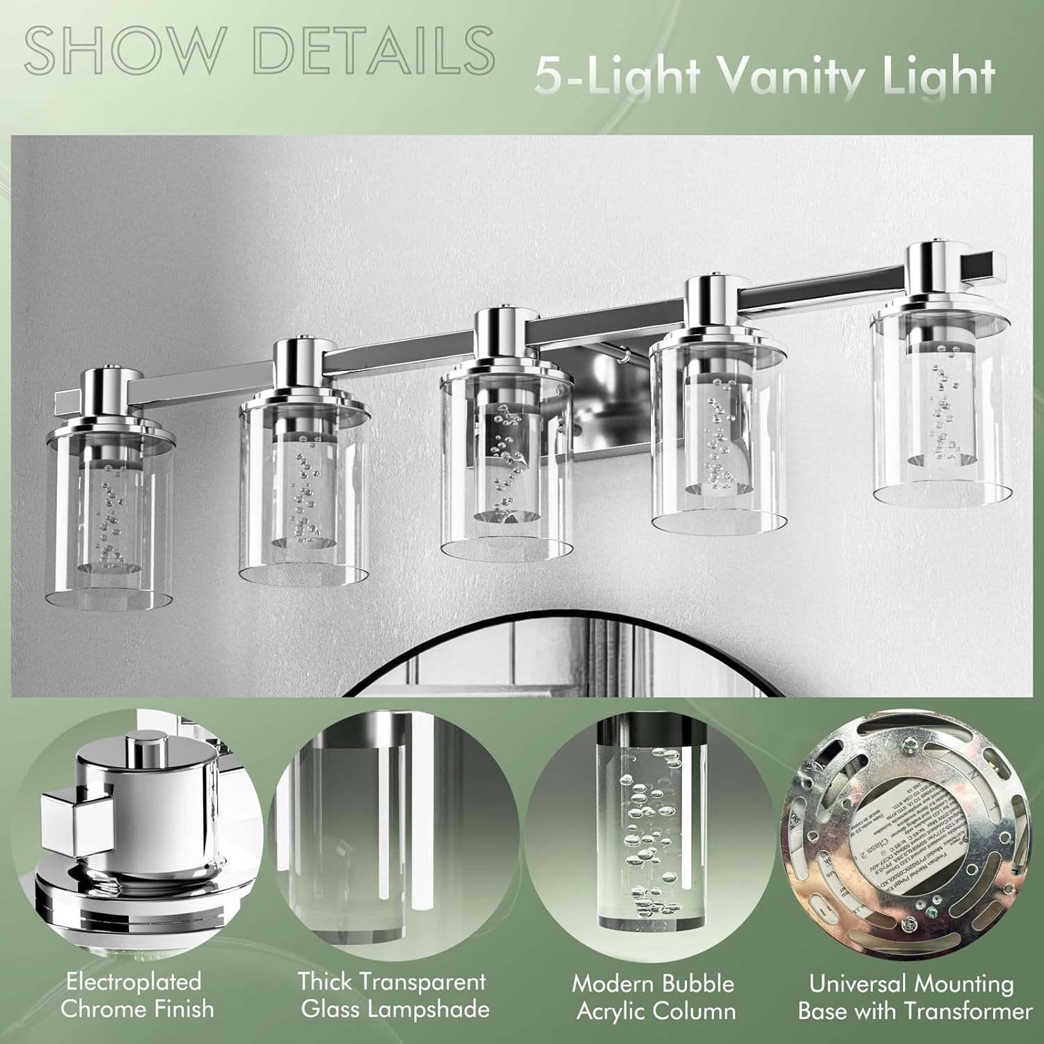 Quntis 5-Light Chrome Bathroom Vanity Light with 5 Color Modes, Dimmable Modern Bathroom Lighting Fixture Over Mirror, 35 Watts Eye Protection LED Wall Lamp 33 Inch (UL Certified, Bulbs Included)