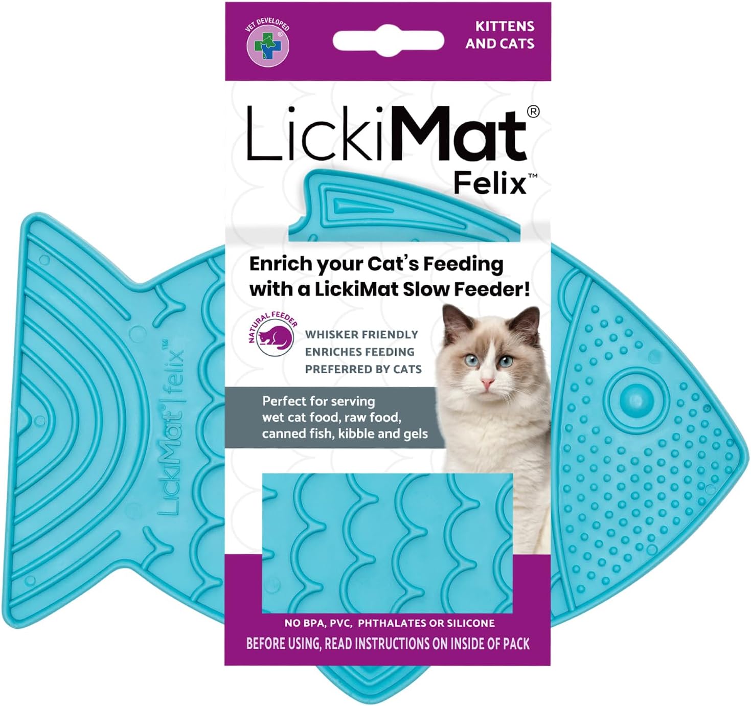 LICKIMAT Felix, Fish-Shaped Cat Slow Feeders for Feline Boredom and Anxiety Reduction; Perfect for Food, Treats and Anxiety Reduction, Turquoise