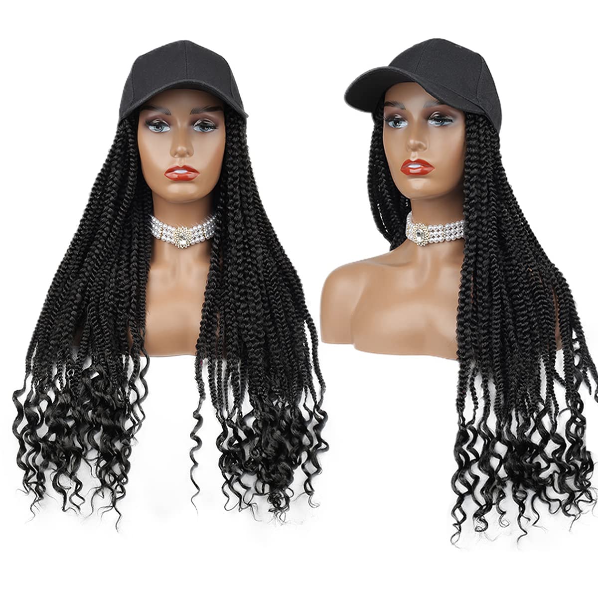Upgrade Long Braiding Hair Baseball Cap Hat Wig Hair with Braided Box Braids Hat with Hair Curly Ends Ombre Rainbow Braids Hat Wig with Hair Attached, Hip Hop Punk Style (#1B)