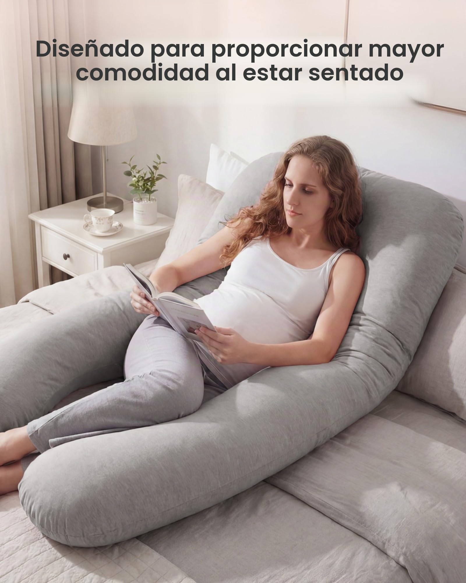 Nuliie Almohada Embarazada Dormir en Forma de U, Cojin Embarazada con Funda de Tela Fresca y Lavable, Almohada Embarazo para Soporte de Espalda, Caderas y Piernas (Gris Claro Refrescante)