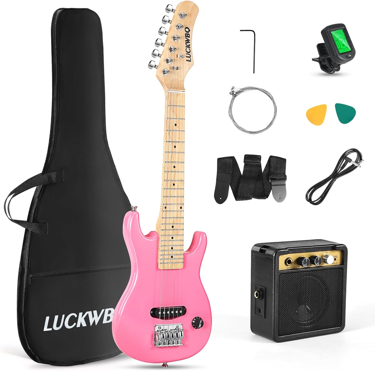 30 Inch Kids Electric Guitar Beginner Kits ST Style Mini Electric Guitar for Boys Girls，Electric guitar Starter Kit w/ 5W Amplifier, Strap, Gig Bag, Strings, tuner，strings，Picks(Pink)