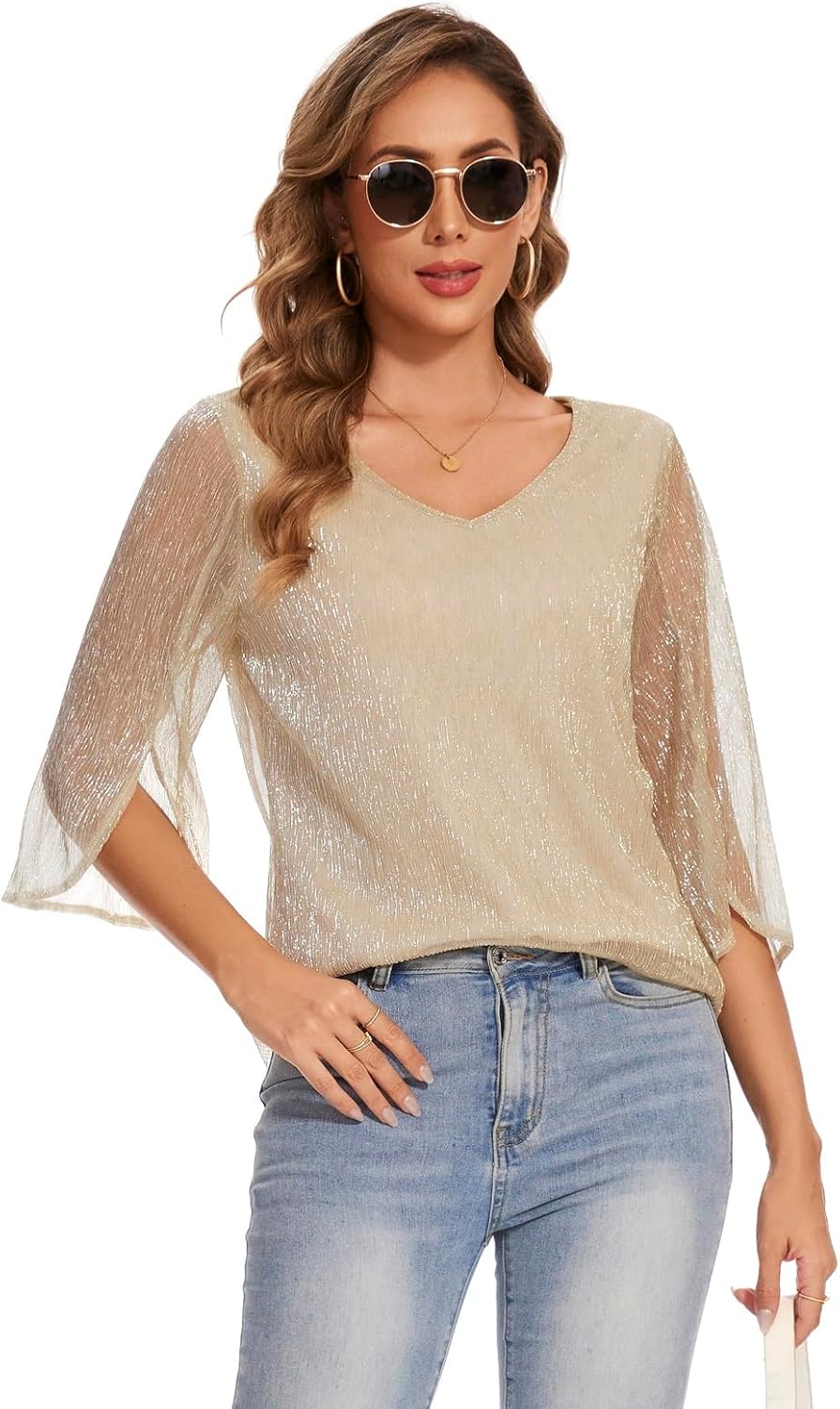 Women's 3/4 Sleeve Glitter Blouses Dressy Sparkly Double Layers Mesh Tops - Image 3