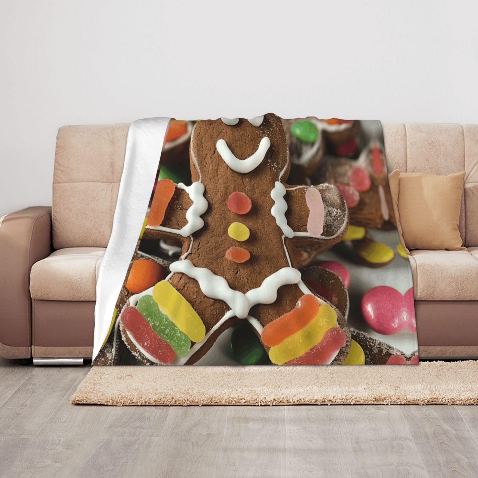 Couverture en peluche douce motif pain d'épices plaid de canapé jeté de lit salon 127x101 cm