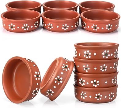 Remerry 12 Pcs Mexican Clay Bowls Set, 4.33 Inch Floral Terracotta Traditional Clay Cooking Pots, Plates, and Serving Dish, Platos De Barro Mexicanos Earthenware for Baking, Yogurt, Mexican Cuisine