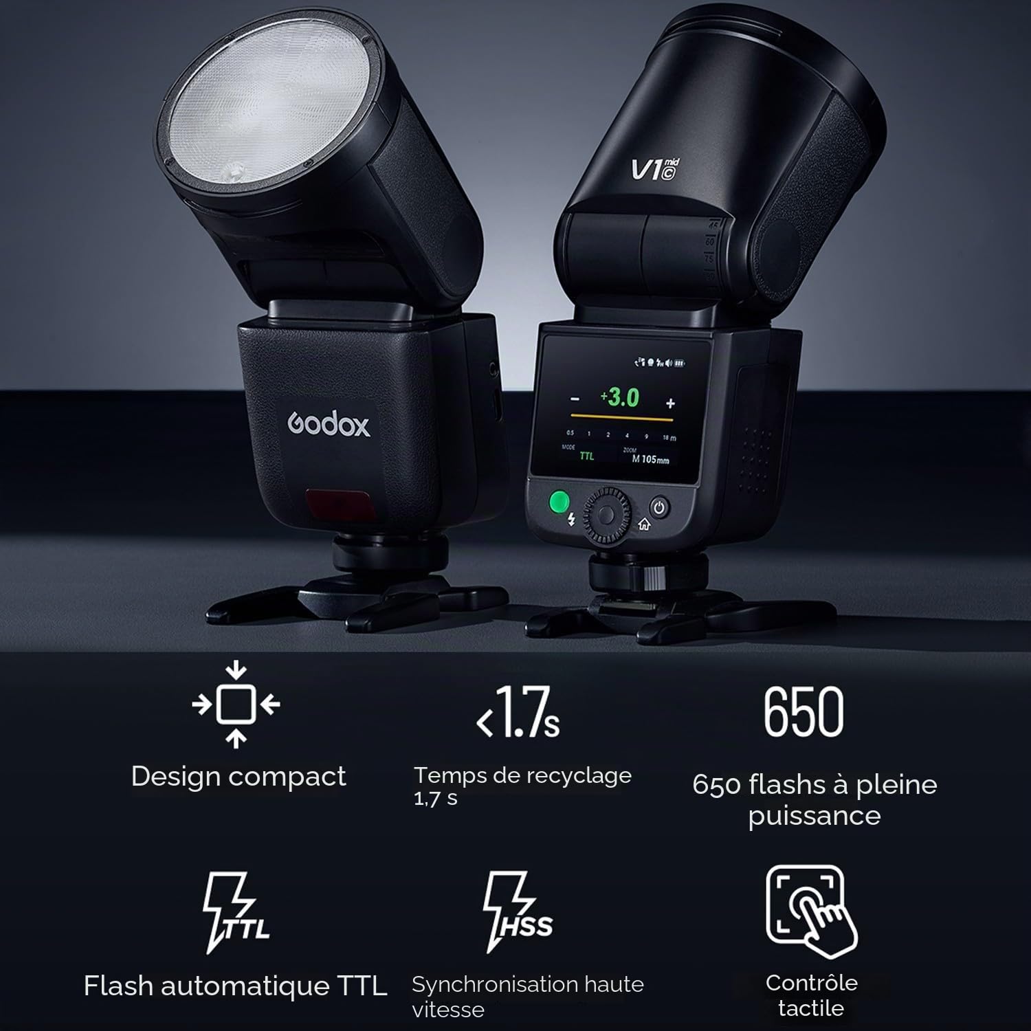 GODOX V1 Mid S Flash pour Sony Appareils Photo Speedlite,55Ws,2,4GHz TTL | 1/8000 HSS,650 éclairs à Pleine Puissance,Temps Recyclage 1,7s,Lampe Pilote LED 2W 10 Niveaux