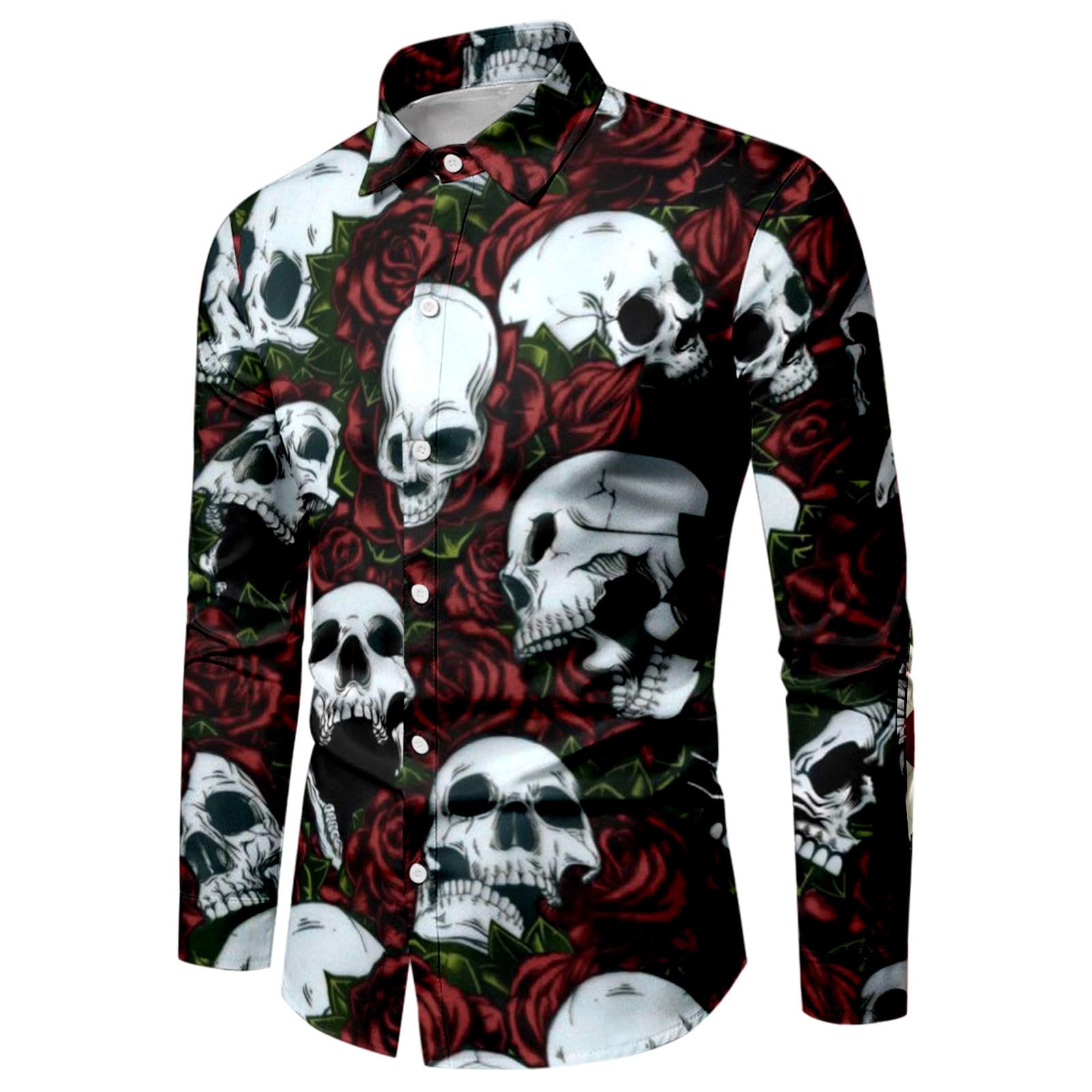 WAZHAKU Carnival Costume Men's Casual Shirt Skull Rose 3D Printed Long Sleeve Shirts Button Down Hawaiian Vintage with Stand-Up Collar Loose Beach Shirt Casual Shirt Hawaii Shirt Pattern Long Sleeve