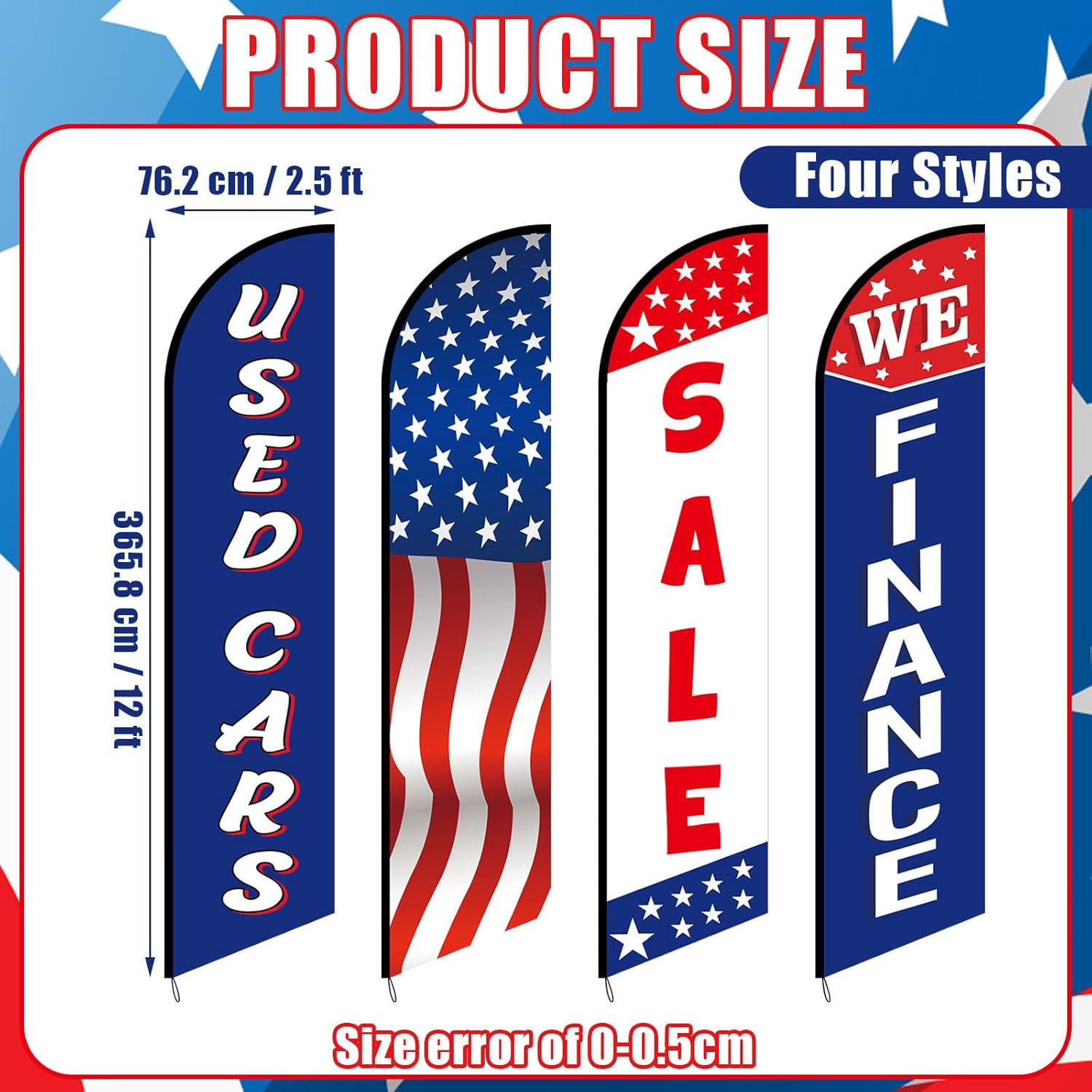 4 Pack Used Cars Flag Windless Swooper 12 ft Lot Auto Swooper Feather Flags We Finance Second Hand Cars Advertising Banner Dealership Supplies for Used Sale Business - Image 2