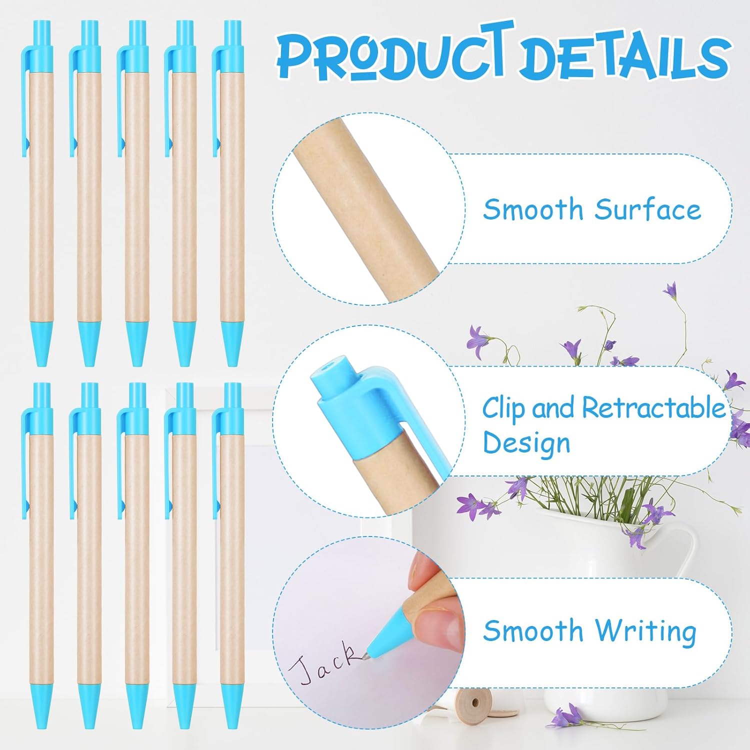 Sabary 100 Pcs Pens Bulk Kraft Paper Ballpoints Retractable Click Pens 1 mm Recycled Paper Ballpoint for First Day of School Coworkers Writing Office Supplies (5.5 Inch,Blue)