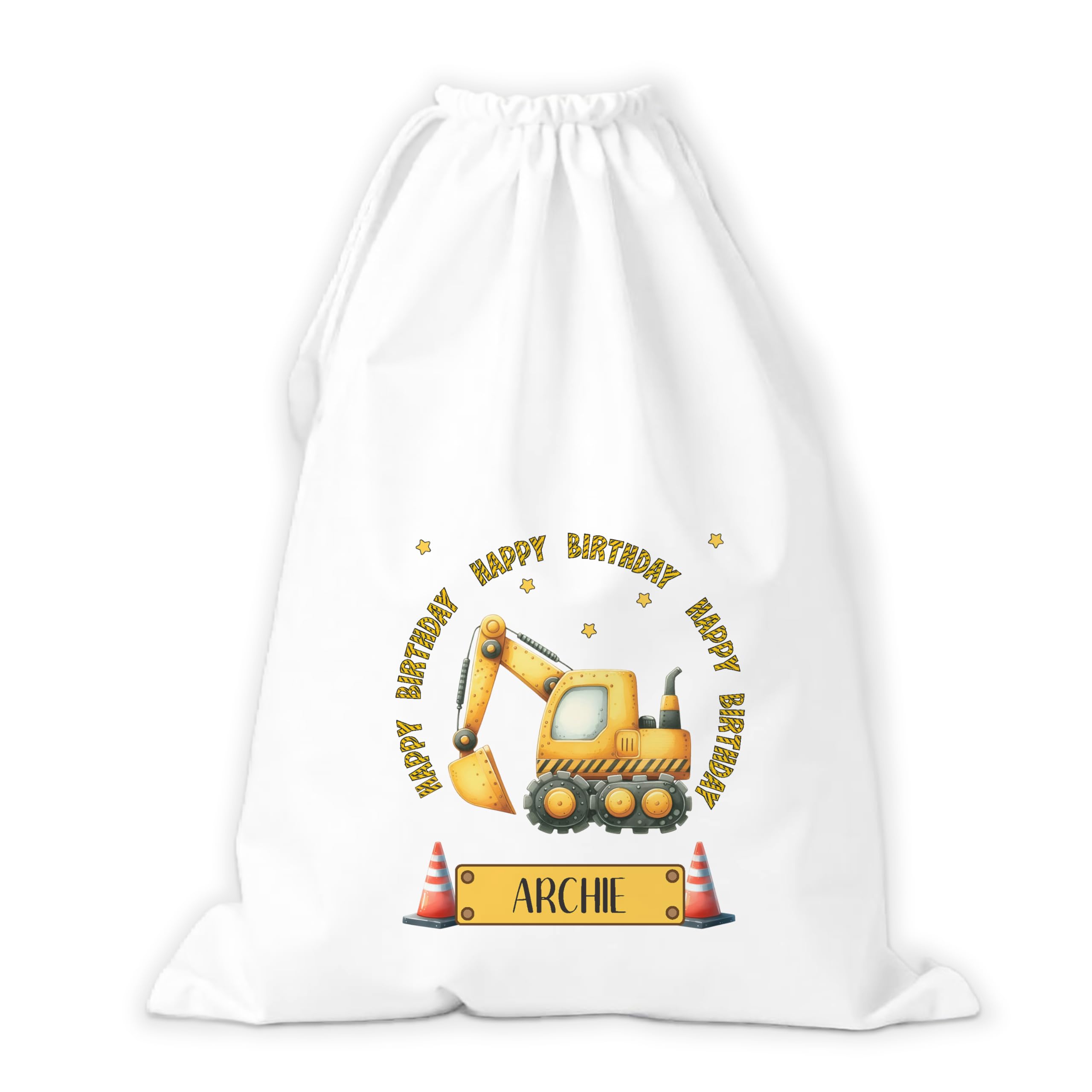Personalised Birthday Sack Construction Digger | Gift Sack | Drawstring Gift Bag | Reusable | Small or Large | Any Age Birthday | Custom Present Wrap