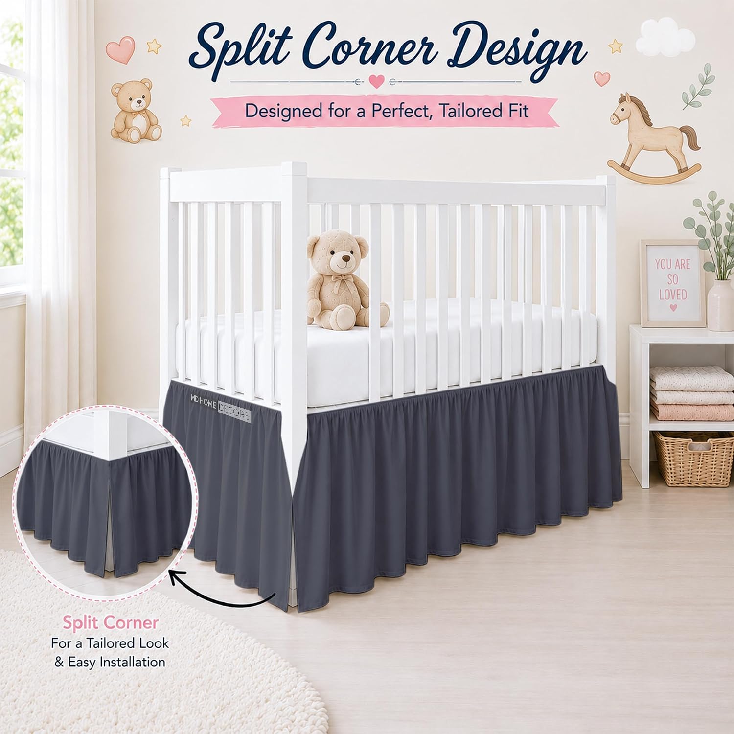 Cotton Crib Bed Skirt Dust Ruffle with Split Corners, 14" Drop, Dark Grey