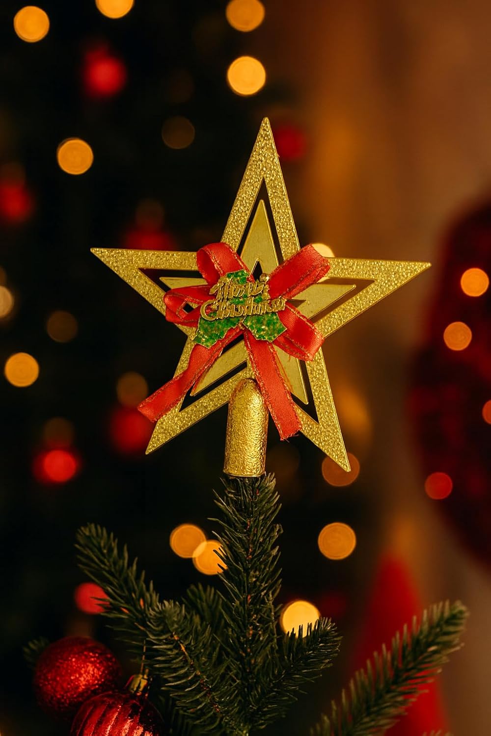 Yılbaşı Ağacı Yıldızı Gold Kırmızı Kurdelalı Merry Christmas Yazılı Yılbaşı Süsü