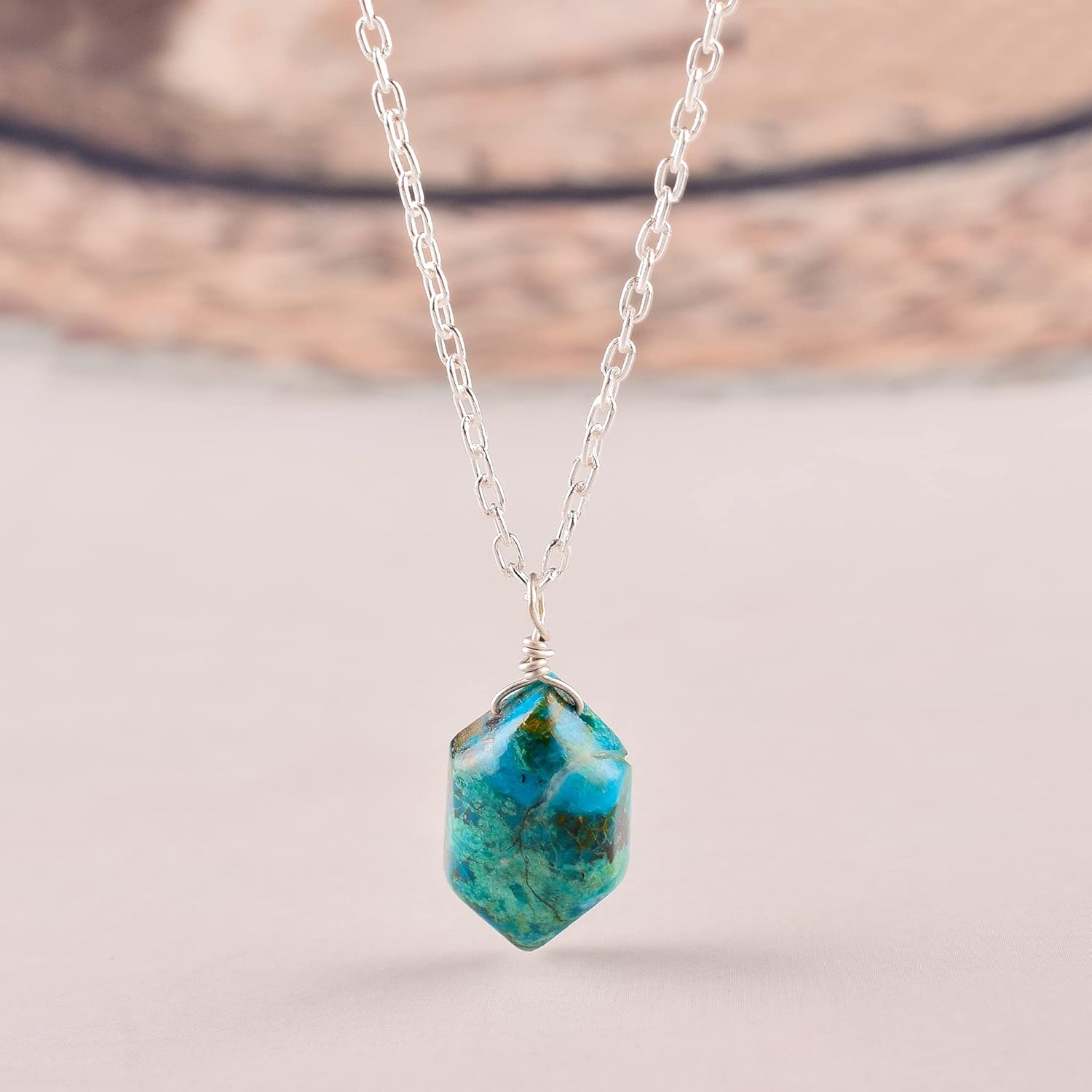 Natural Chrysocolla Natural Crystals Pendant Necklace, Hexagon Cabochon Gemstone, Energy Healing Crystals, Birthday, Gift for Her, Gemstone Jewelry 18 inch AAA+ Quality (Chrysocolla A) - Image 6