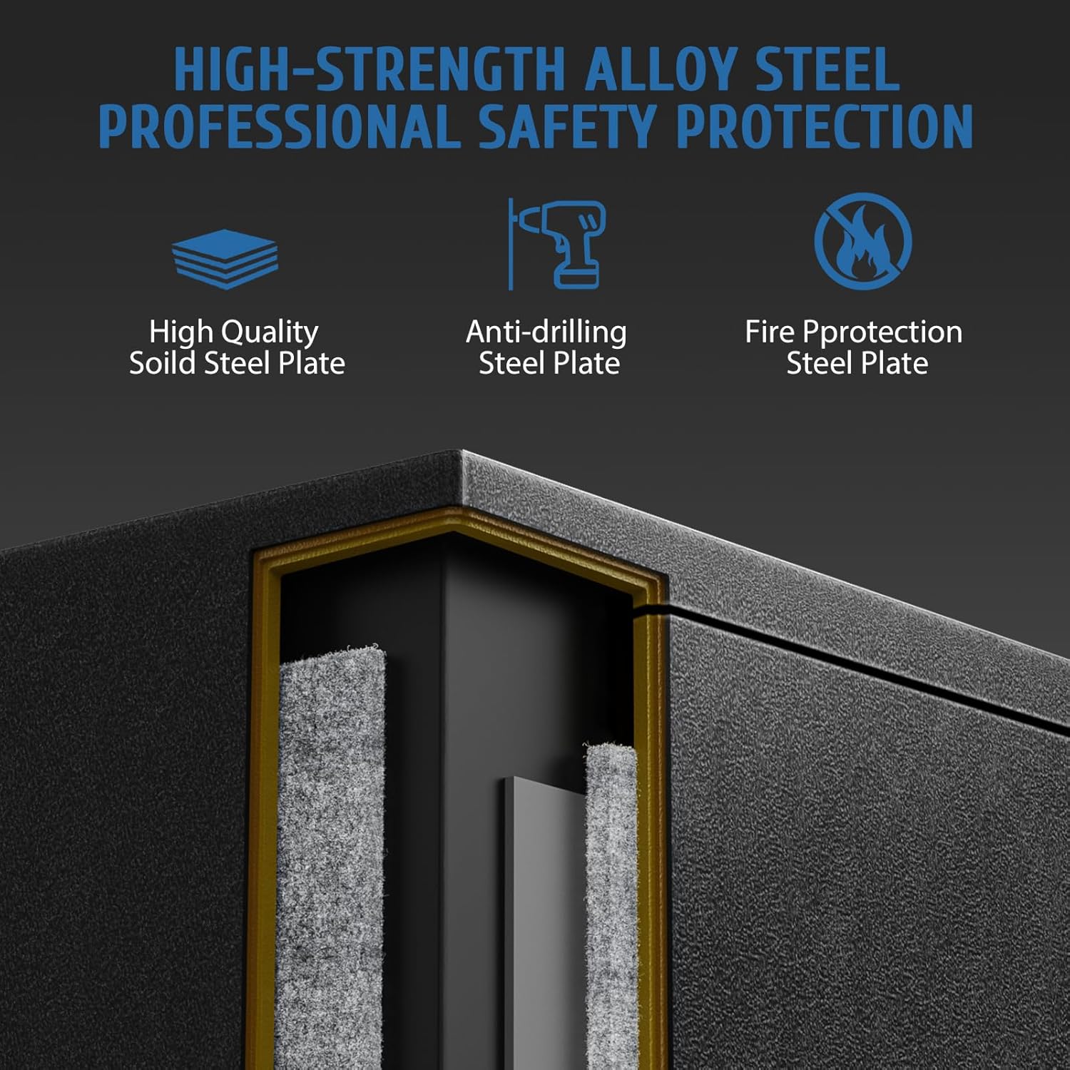 Diagram showing the high-strength alloy steel construction and fire protection features of the safe.