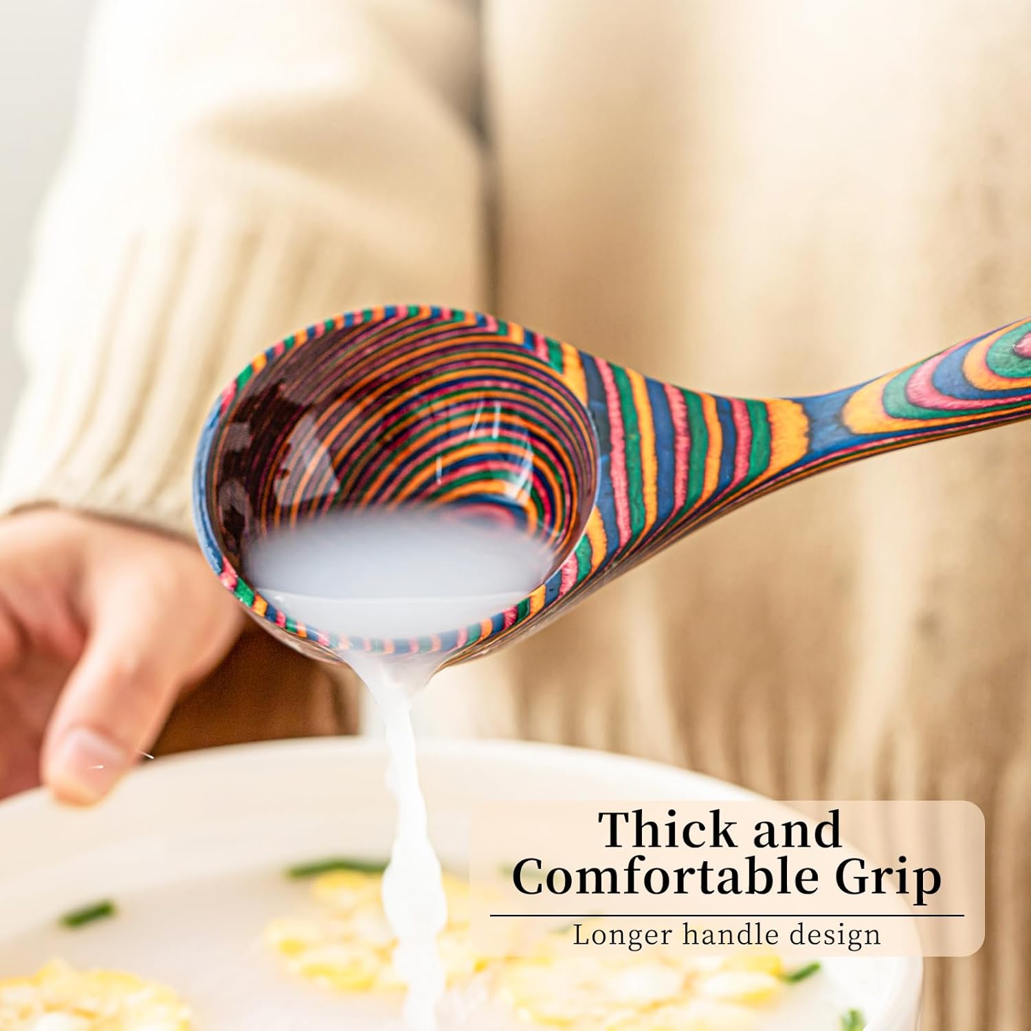 Gudamaye Pakkawood Rainbow Deep Soup Ladles,Pakkawood Ladle,10.6 inch Big Soup Ladle for Cooking,Deep Ladle Spoons,Wood Ladle, Wood Kitchen Utensils Set, Wooden Spoons for Cooking - Image 6