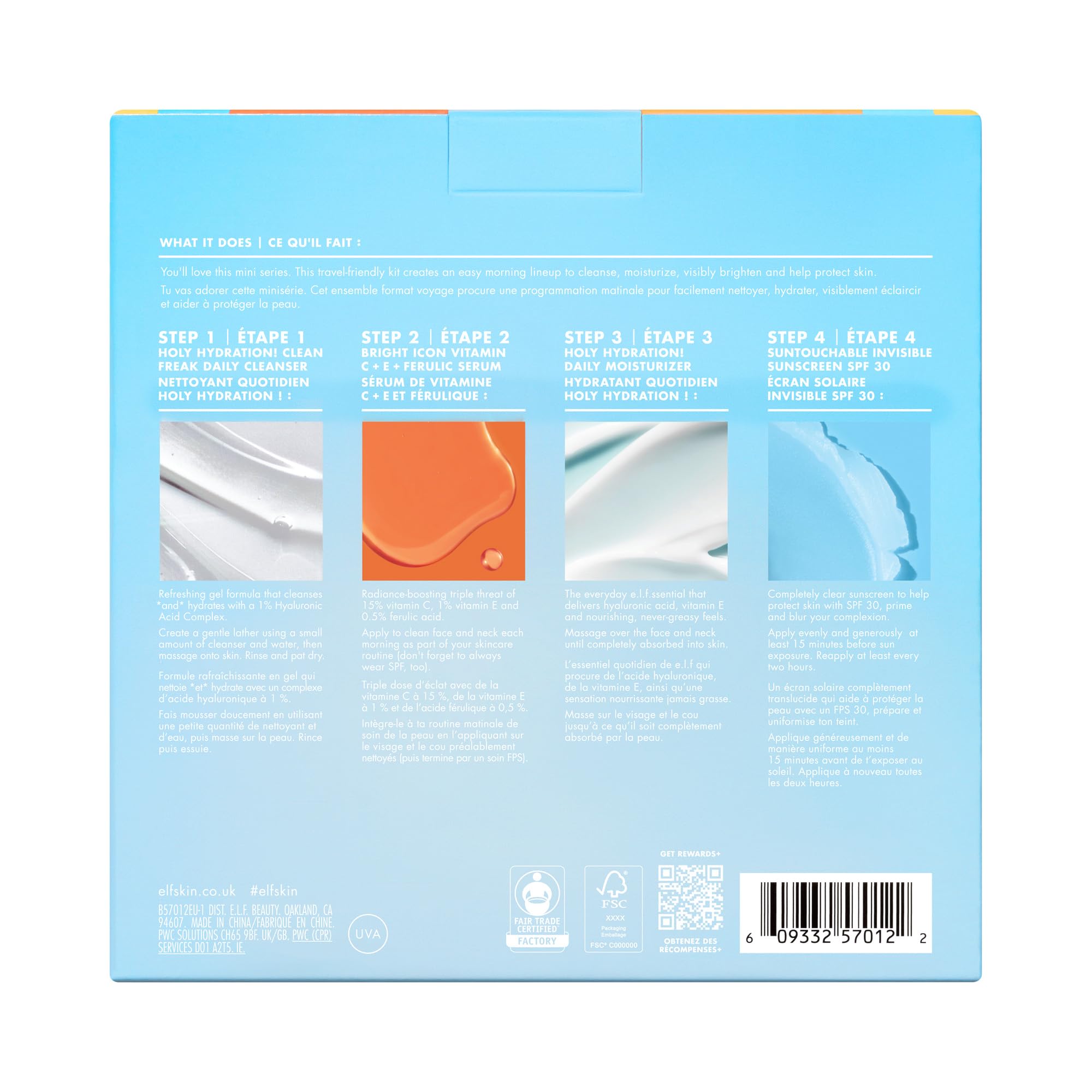 e.l.f. SKIN Wake the e.l.f. Up Skincare Kit, detergente viso idratante, protezione solare, idratante e siero illuminante in formato viaggio, prodotti vegani e non testati sugli animali