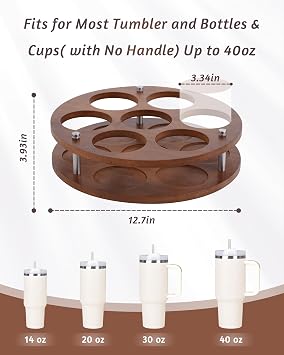 Rotating Wood Tumbler Organizer, 30 oz 40 oz Spinning Turnable Tumblers Holder, 360 Rotatable 7 Large Cups Bottle Tumbler Storage Display Stand, Rotate Syrup Organizer for Cabinet Countertop