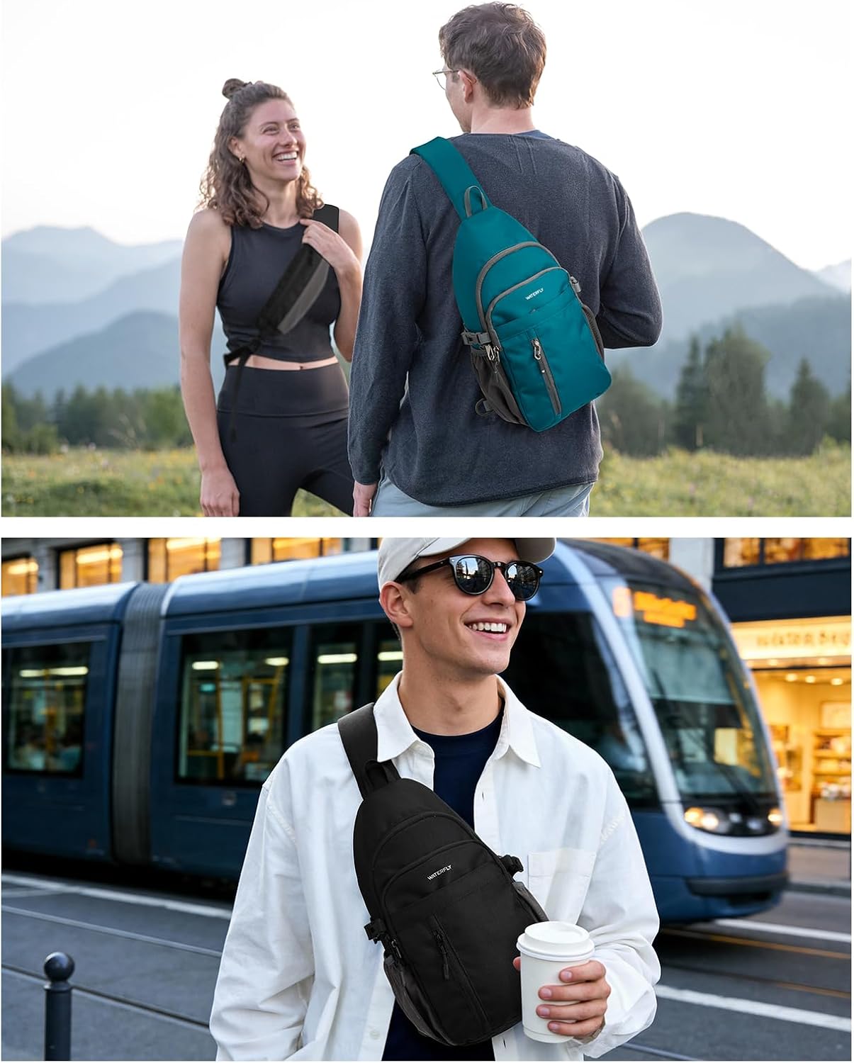 WATERFLY Small Crossbody Sling Bag: RFID Sling Backpack Chest Bag Travel Shoulder Multiple Pockets Hiking Daypack for Man Woman