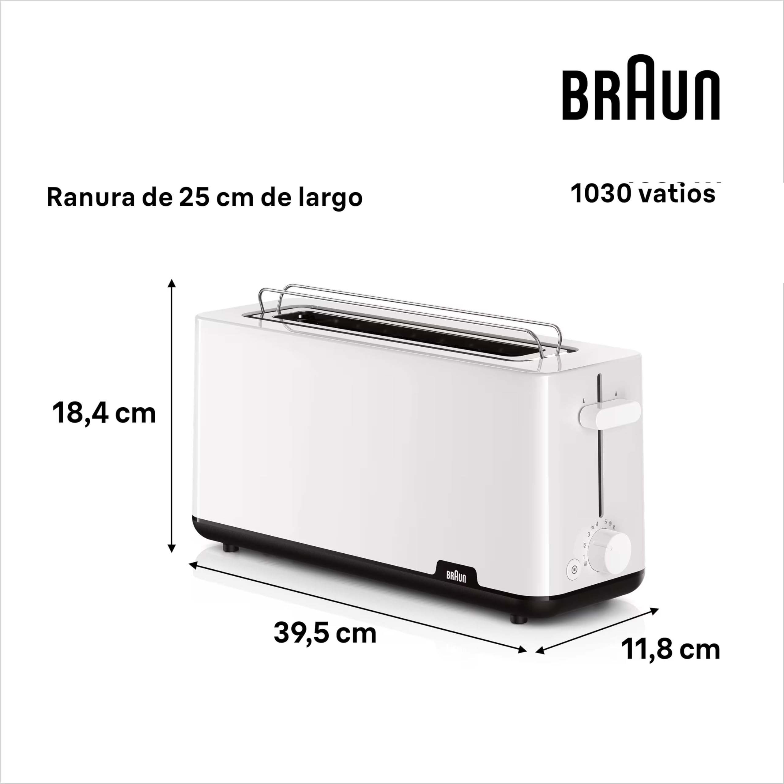Braun Breakfast 1 HT1110WH, Tostadora con Ranura Extra Larga con 8 Niveles de Tostado, Funciones para Recalentar y Descongelar, Bandeja para Migas, Ranura de 25 cm, Potencia 1030W, Color Blanco