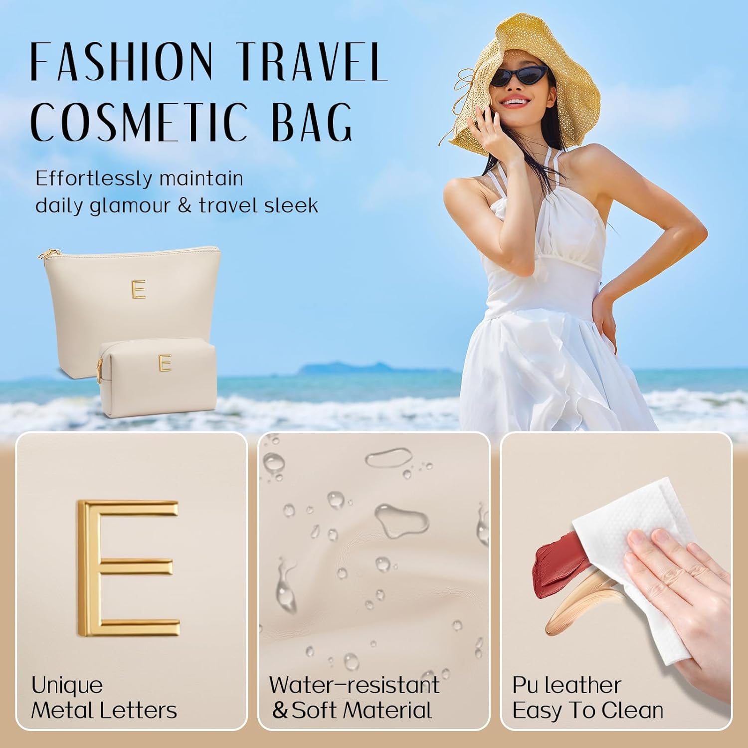 Mom Gifts| Initial Makeup Bag Set for Women Girls Personalized Gifts for Bridesmaid Teachers Graduation Friend Female PU Leather Cosmetic Travel Toiletry Bag(Beige,E)