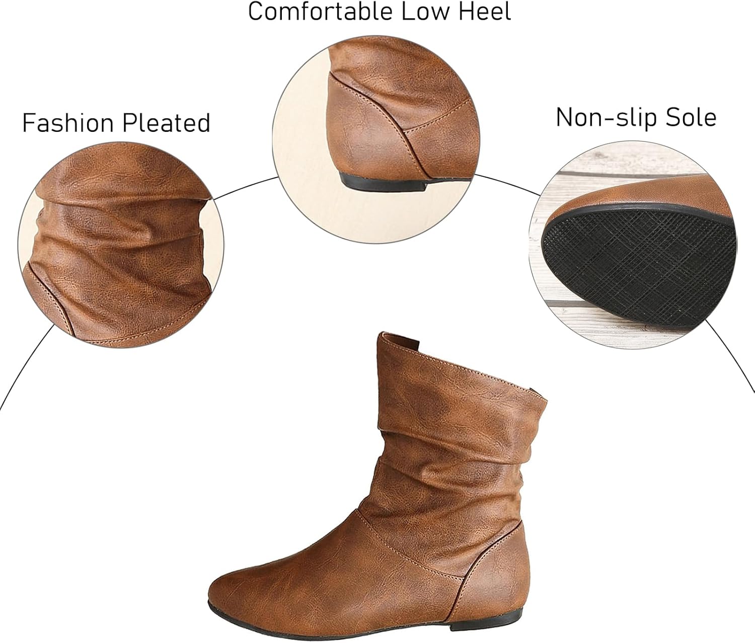 Women's Leather Slouchy Flat Ankle Boots Comfortable Round Toe Casual Pull On Booties Fall Winter Fashion Low Heel Short Boots