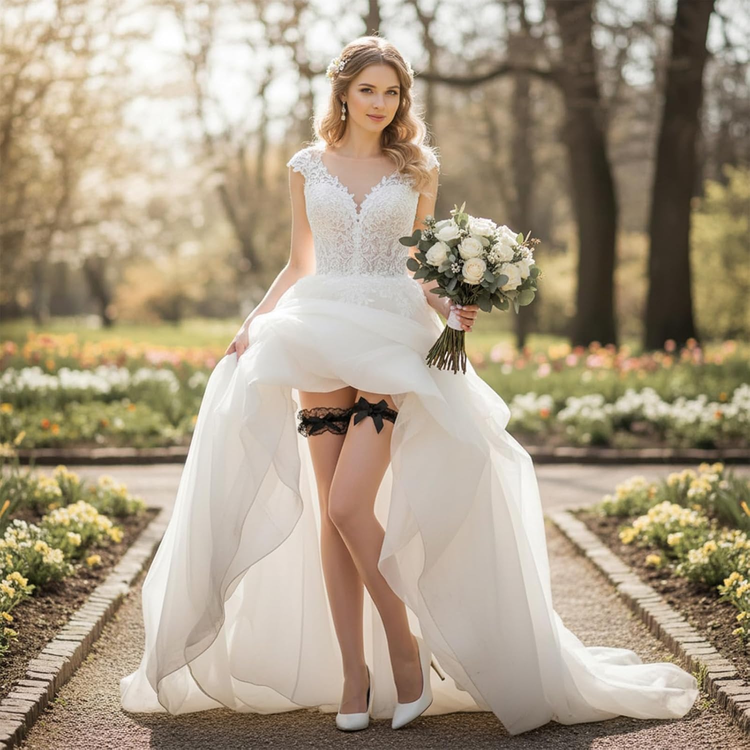 2 PCS Lace Wedding Garter for Bride, Lace Thigh Garters, Black Garters Belt with a Bow, Party Prom Leg Garter Belt for Women Bride - Image 6