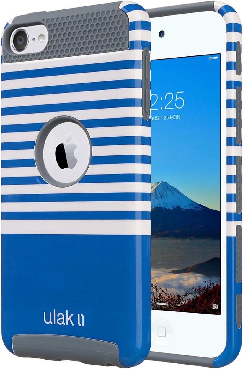 iPod Touch 6 Case,iPod 6 Cases,ULAK Slim Dual Layer Hybrid Protective Case Hard Cover for Apple iPod Touch 5 6th Generation(Minimal Mint Stripes_Navy Blue)
