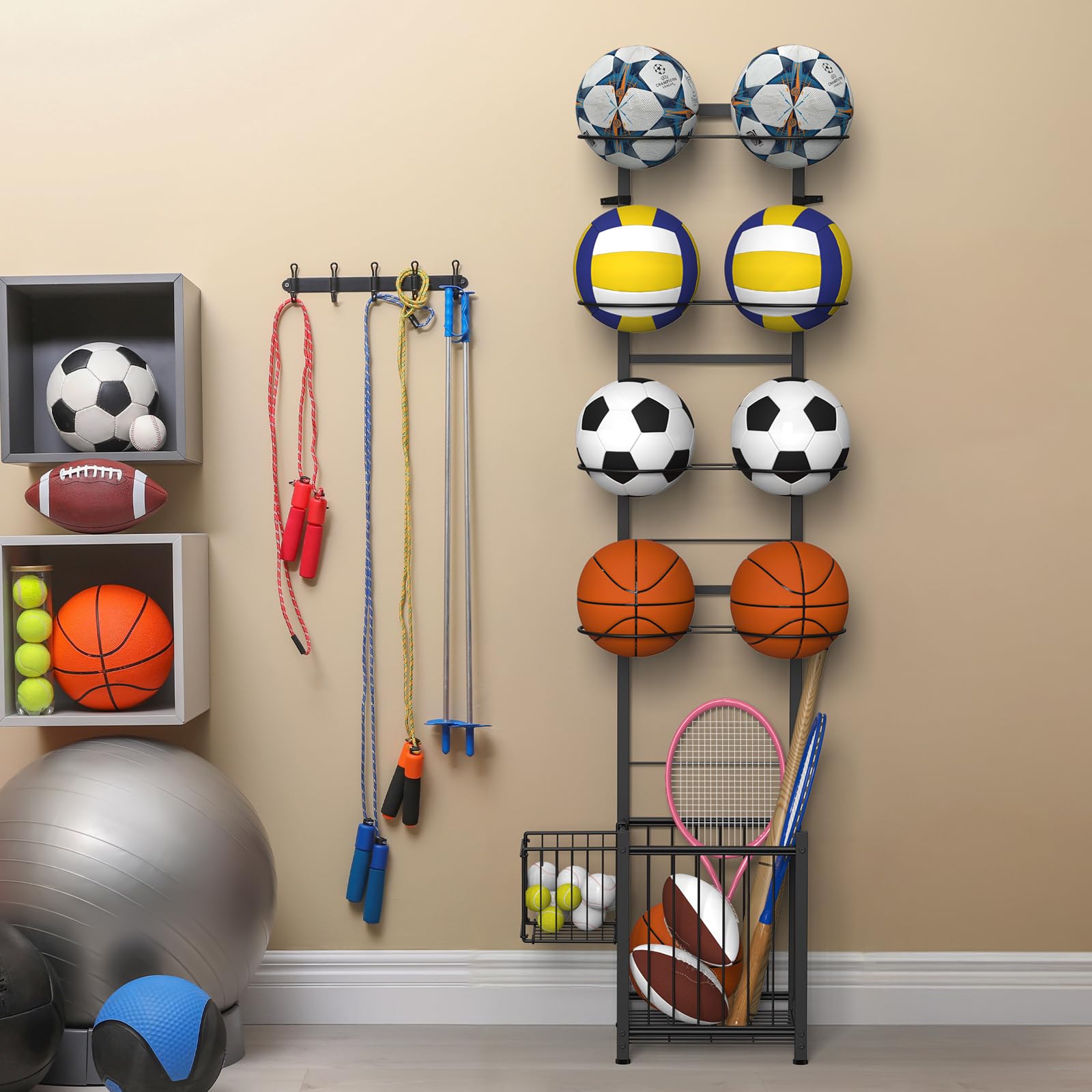 CADUKE Almacenamiento de baloncesto y deportes, estante vertical para 8 pelotas y raquetas, ideal para garaje, interior y exterior