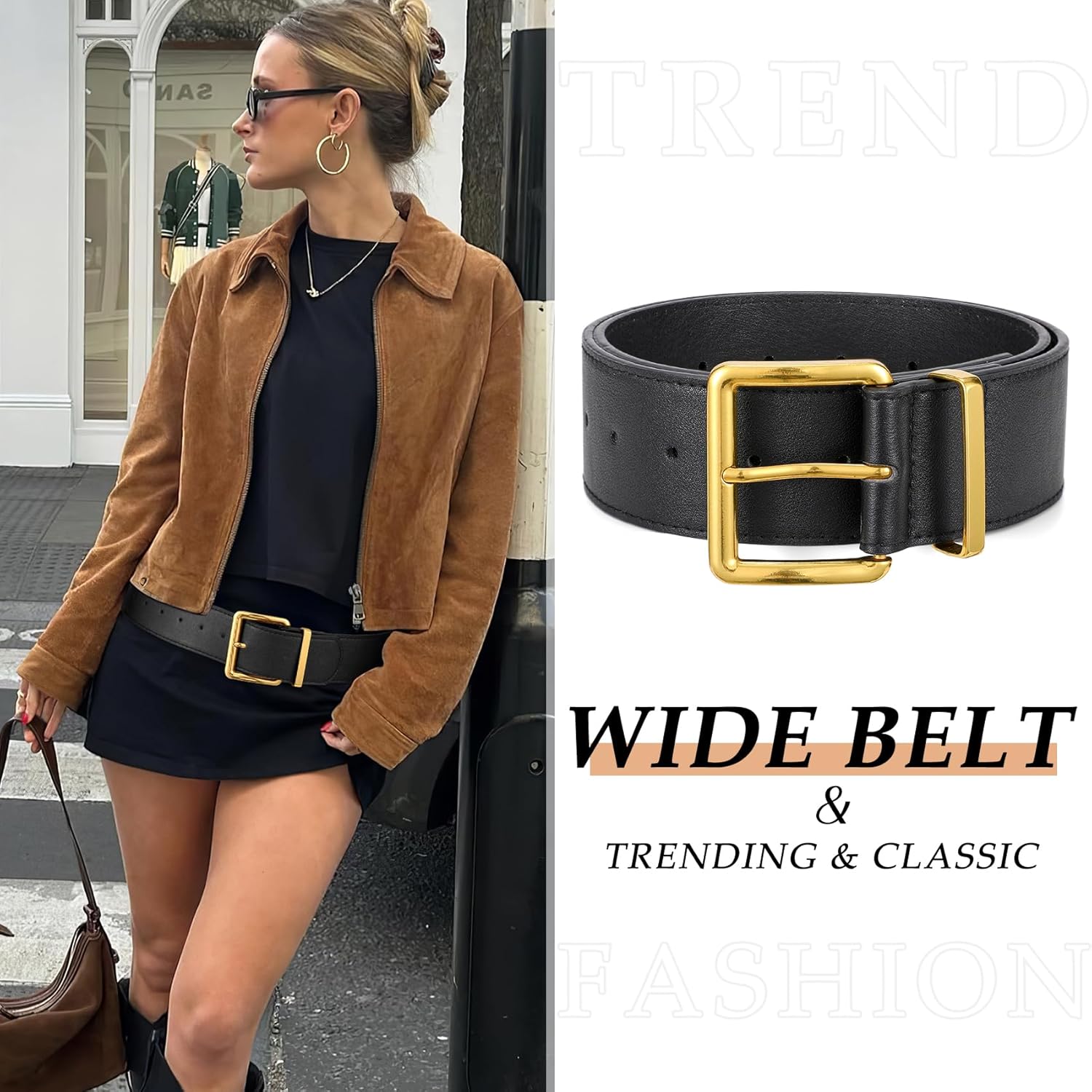 WERFORU Women Wide Belt for Dresses Thick Leather Belt with Big Gold Buckle Fahion Women Chunky Belt - Image 2