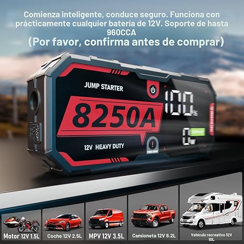 Miniatura 3 de Arrancador de salto 8250A Heavy Duty Jumper Starter Paquete de batería portátil (hasta 10L de gasolina6.5L Diesel), 2 cargadores de energía USB-C,