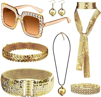 70s Disco Accessories Set, 7 Pcs Sequin 1970s Disco Fancy Dress Costume Set