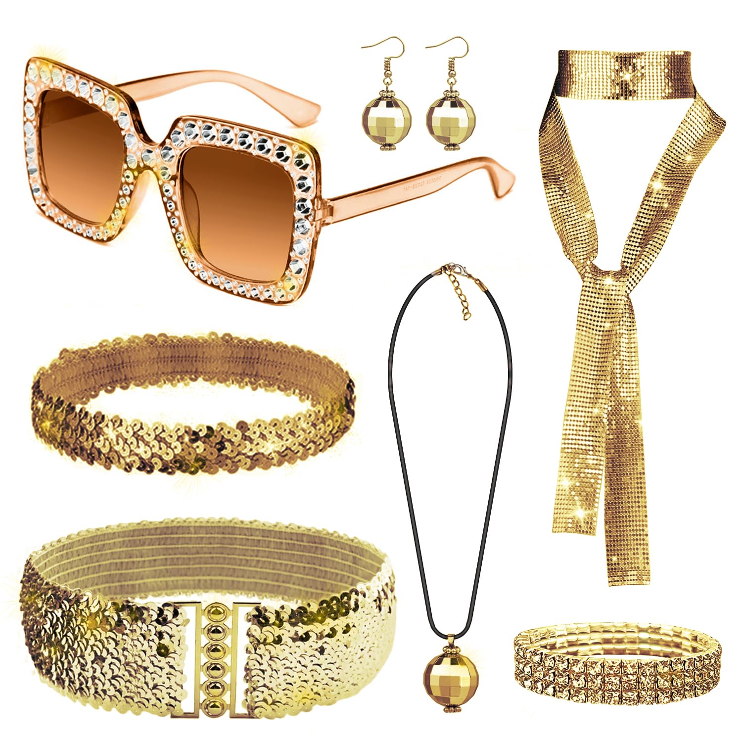 Spove 70s Disco Accessories Set for Women 7 Pcs Golden Sequin 1970s Disco Fancy Dress Costume Set, 70s Retro Party Accessories Costume