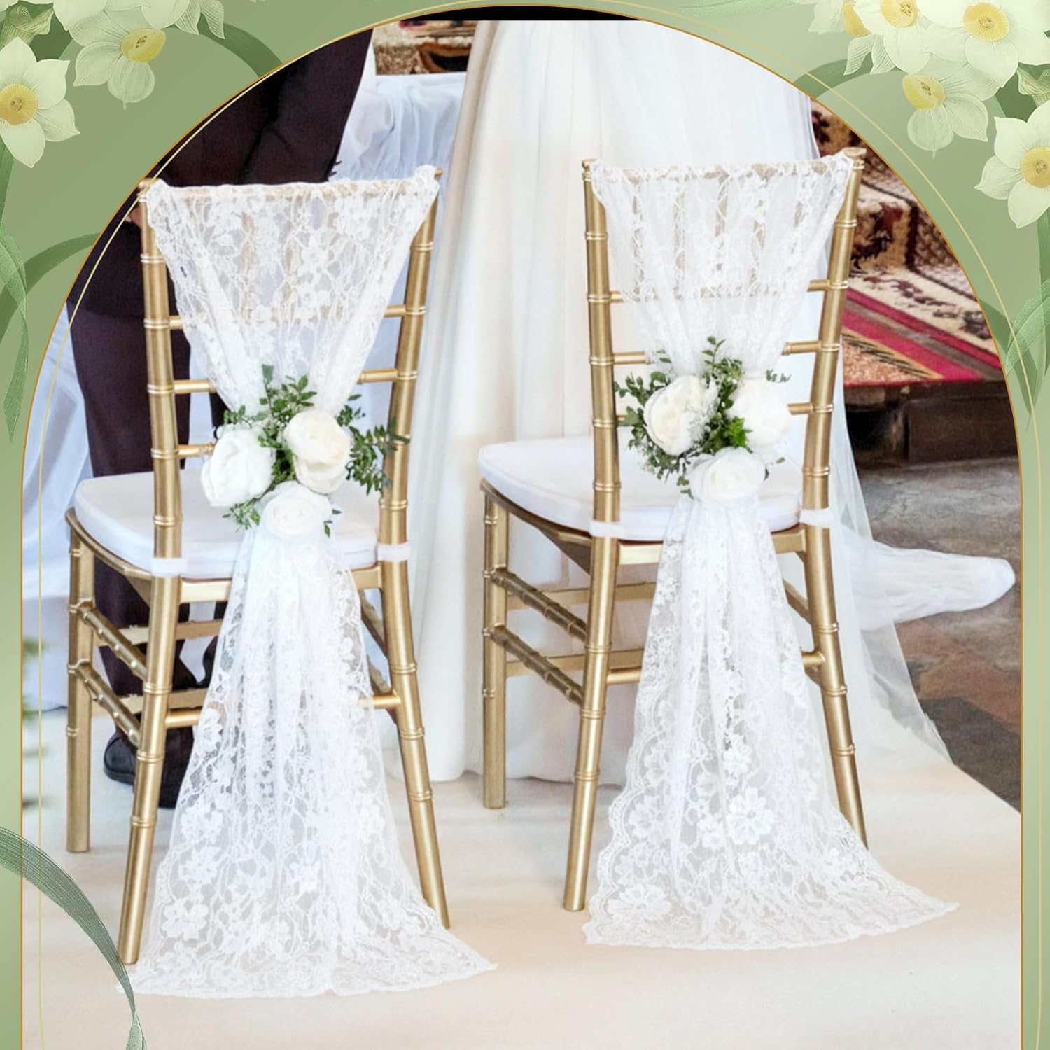 Tiamon 24 Pcs White Lace Chair Sashes for Wedding Decoration 10.2x118 Inch Floral Lace Chair Bows Long Chinlon Aisle Decor for Rustic Vintage Bridal Shower Banquet Birthday Party Engagement Decor