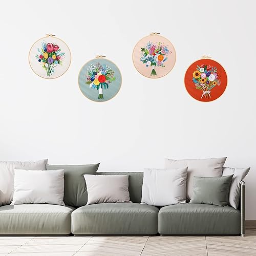 Miniatura 5 de Kit de iniciación de bordado con patrón para principiantes, paquete de 4 kits de punto de cruz, 2 aros de bordado de madera, tijeras, agujas e hilos